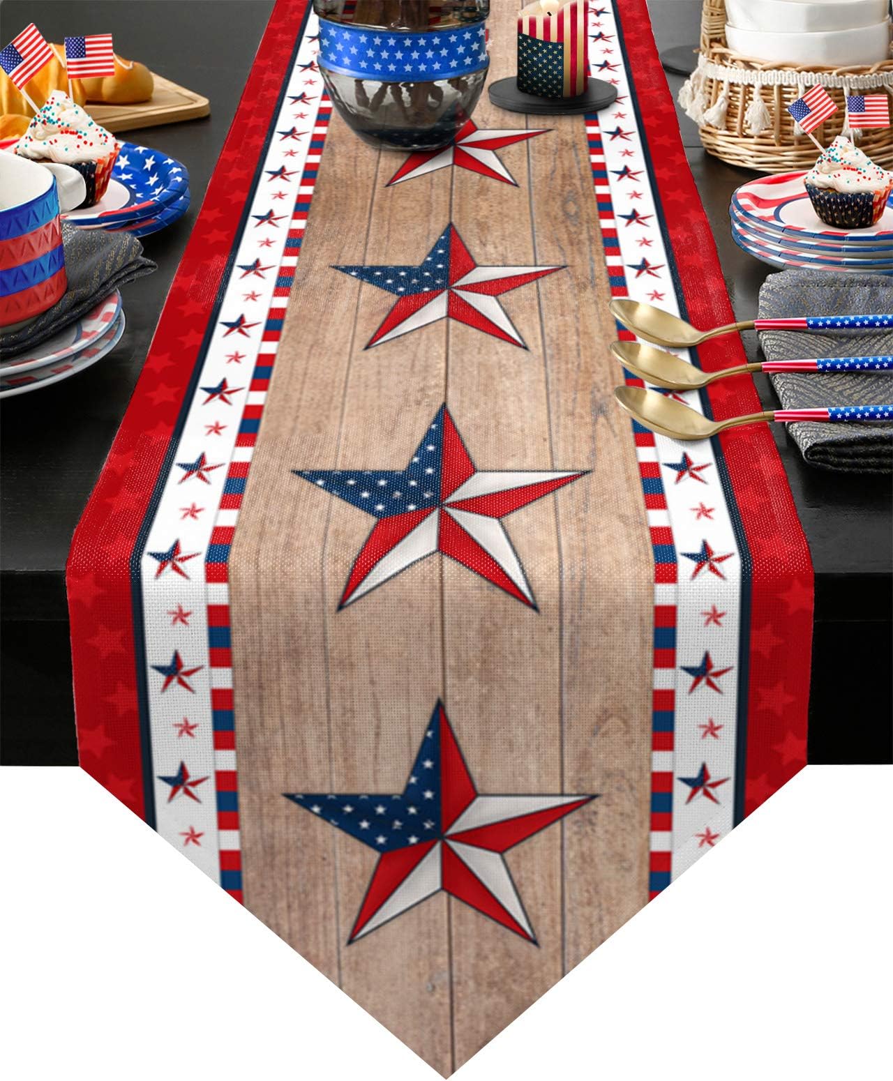 LooPoP 4th of July Independence Day Table Runner-Cotton Linen-Long 90 Inches Dresser Scarves, Farmhouse Table Runner for Wedding Dining End Table Decor Star Pattern Wood Plank