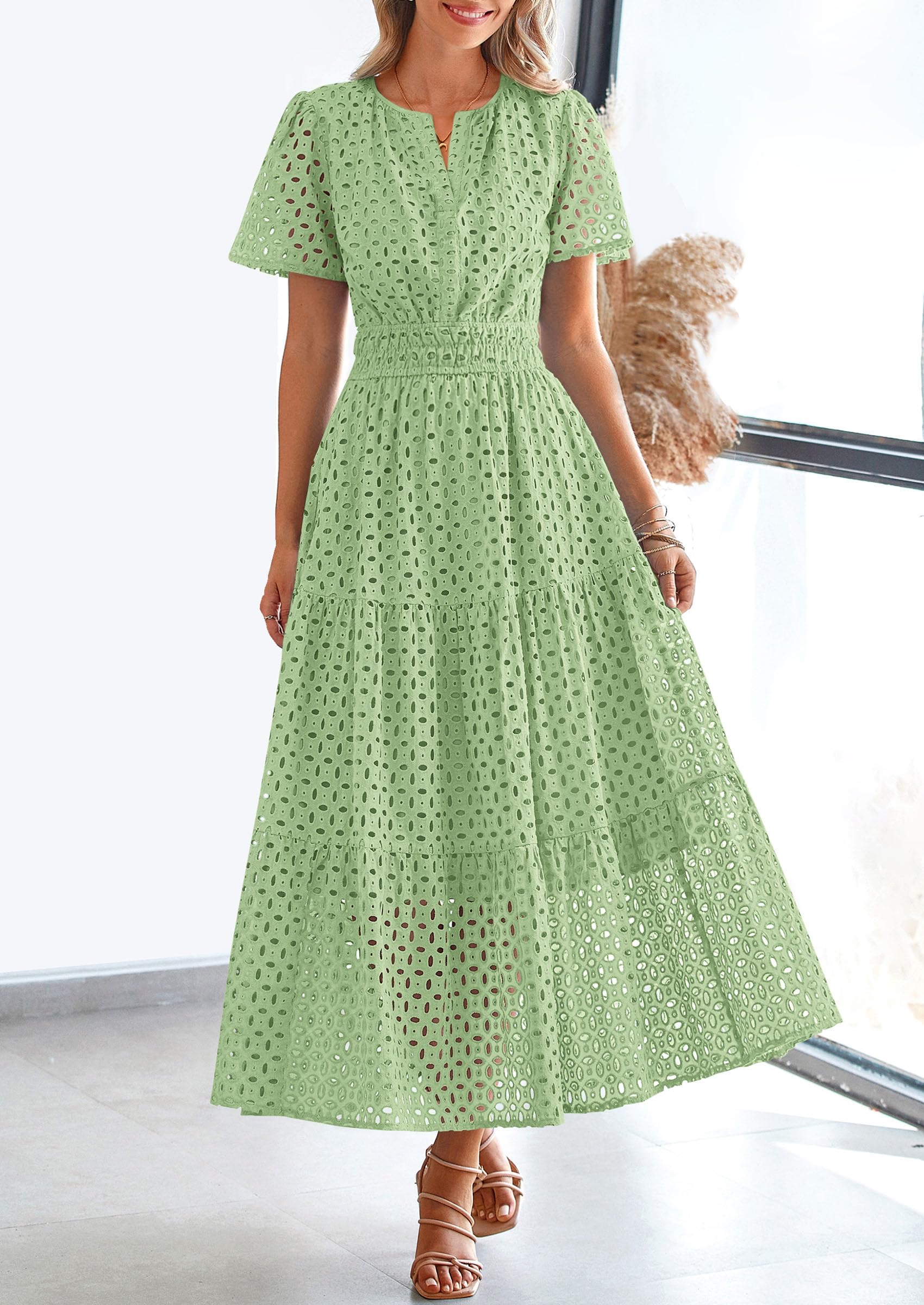 PRETTYGARDEN Womens 2026 Summer Maxi Dress Short Sleeve V Neck Hollow Out Eyelet A Line Long Flowy Beach Vacation Dresses