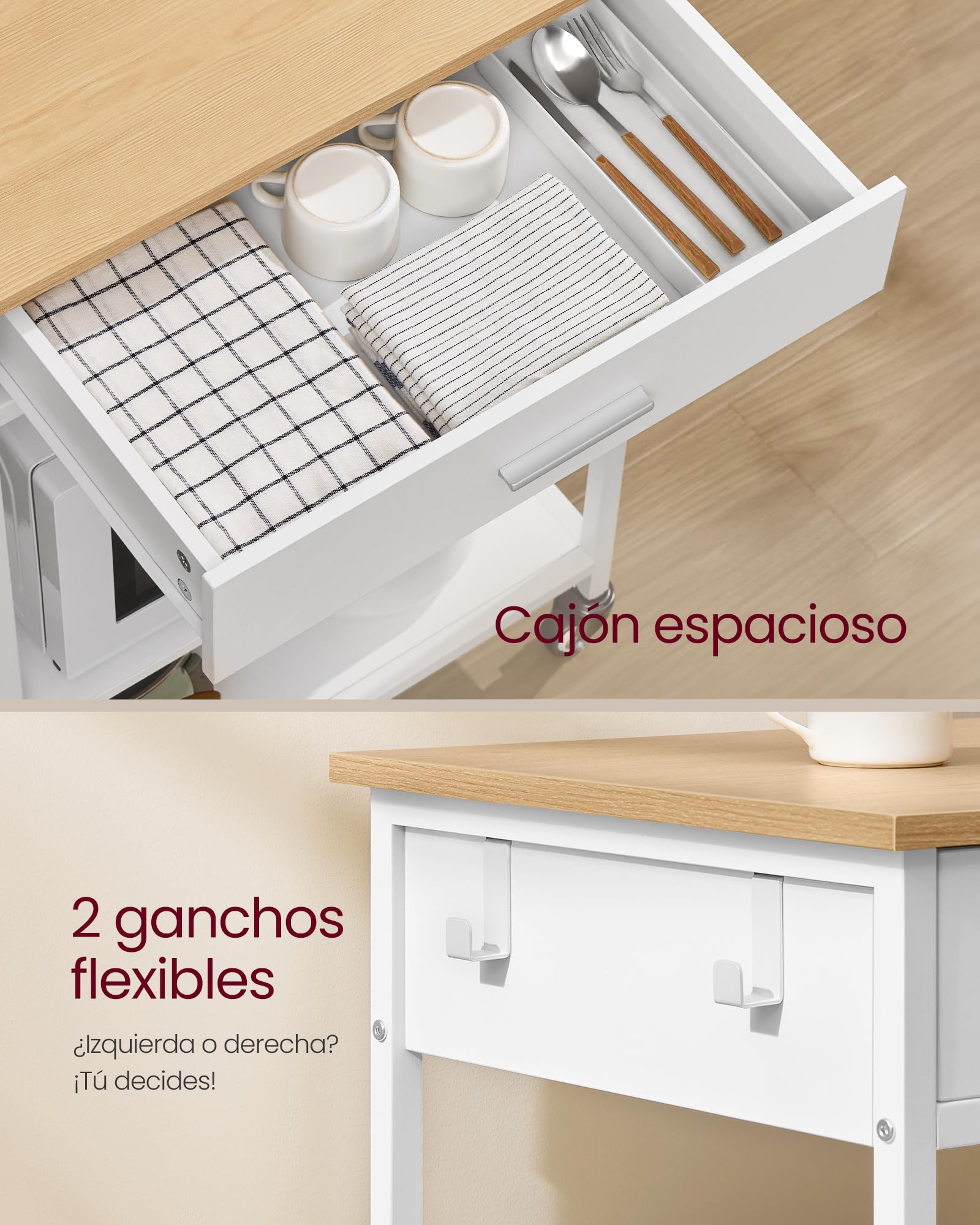 VASAGLE Carrito de Cocina con Ruedas, Isla de Cocina Móvil, 45 x 60 x 90 cm, con Cajón, 2 Ganchos, para Comedor, Beige Rbole y Blanco Mate KKI007Y01