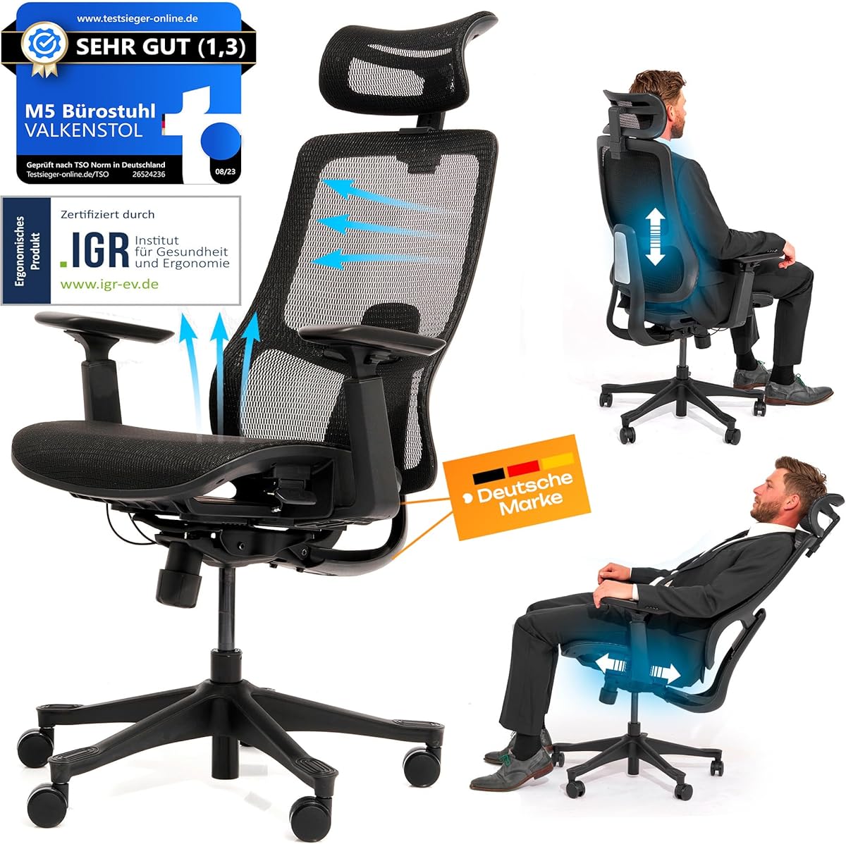 M5 Bürostuhl Ergonomisch Testsieger Höhenverstellbare Rückenlehne und Einstellbare Sitztiefe, Mesh-Sitz, Schreibtischstuhl gesunder Rücken auch für Grosse Menschen, Chefsessel