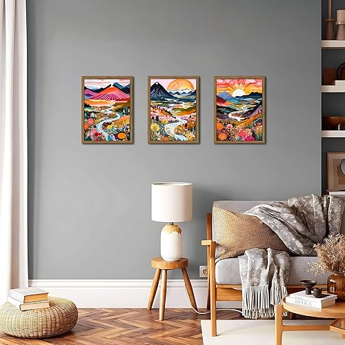 Miniatura 7 de Marco de madera bohemio colorido arte de pared, juego de 3 acuarelas abstractas de paisaje de montaña, pintura para decoración de pared, arte