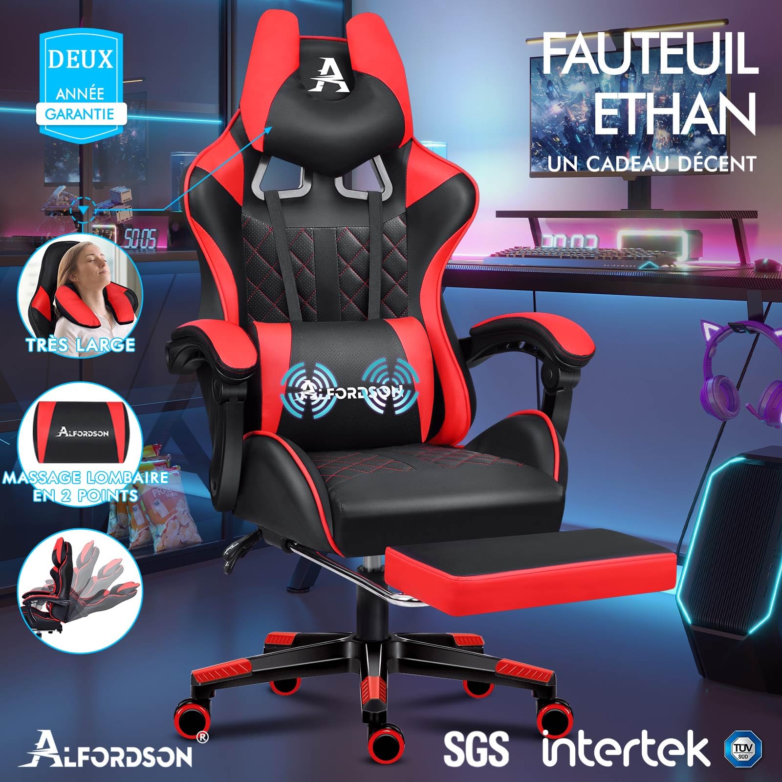 ALFORDSON Chaise de Jeu avec Repose-Pieds et Coussin Lombaire, Chaise de Bureau Ergonomique avec Inclinaison à 150°, Chaise de Bureau pour Jeux vidéo à Dossier Haut, capacité de 180 kg, Rouge
