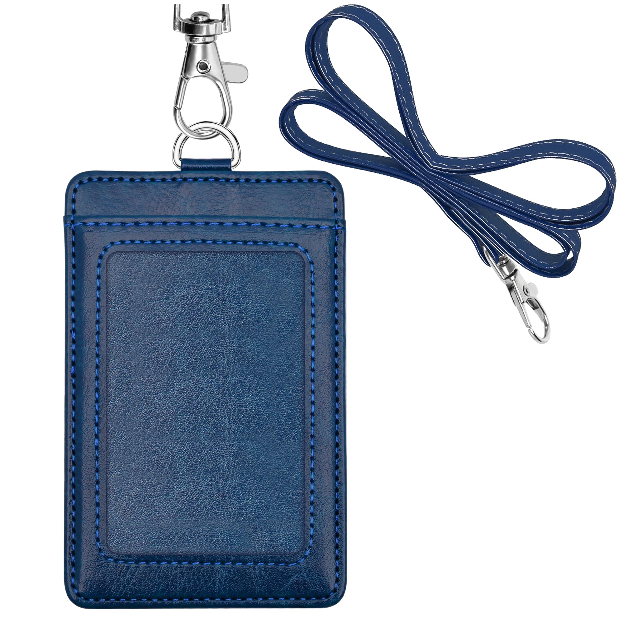 ID Badge Holder with 1 Clear ID Window, 1 Credit Card Slot and PU Leather Lanyard for Badge, Credit Cards, College ID Cards in Blue
