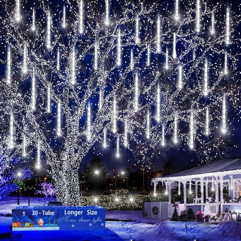 Kwaiffeo Luces de Navidad Lluvia para Exteriores, 30 Tubos de Luce de Hadas de Lluvia de Meteoritos, Luces de Impermeables para Halloween Ventana de Boda Decoración del día de Reyes Magos, Blanco
