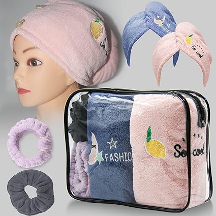 Microfiber Hair Towel Double Layers Extra Thick, Hair Drying Towel with Button, Super Absorbent & 50% Faster Dry Hair Turban, Anti Frizz Hair Towel Fit for All Hair Types with Clear Makeup Bag (5pcs)