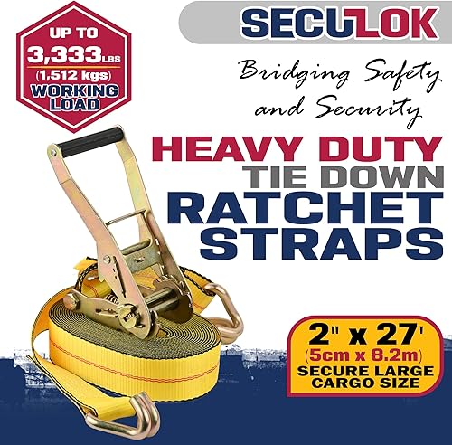 Miniatura 4 de SECULOK Correas de amarre de trinquete resistentes de 2 pulgadas x 27 pies con ganchos en J dobles, control de carga WLL de 3,333 libras para