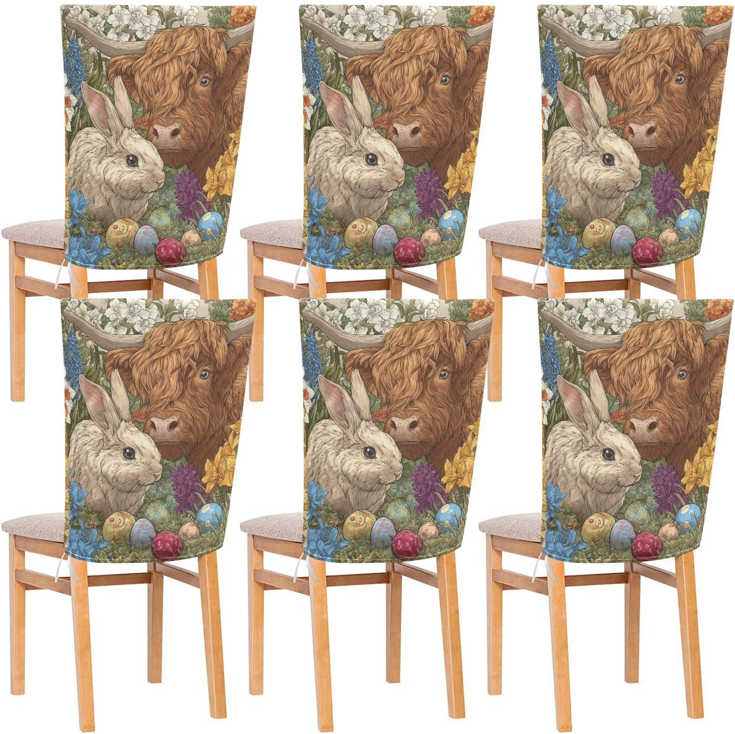 ALAZA Easter Eggs Rabbits Highland Cow Flowers Chair Back Cover Set of 6, Washable Reusable Removable Chair Slipcovers Decorative Chair Cover for Home Kitchen Wedding Party
