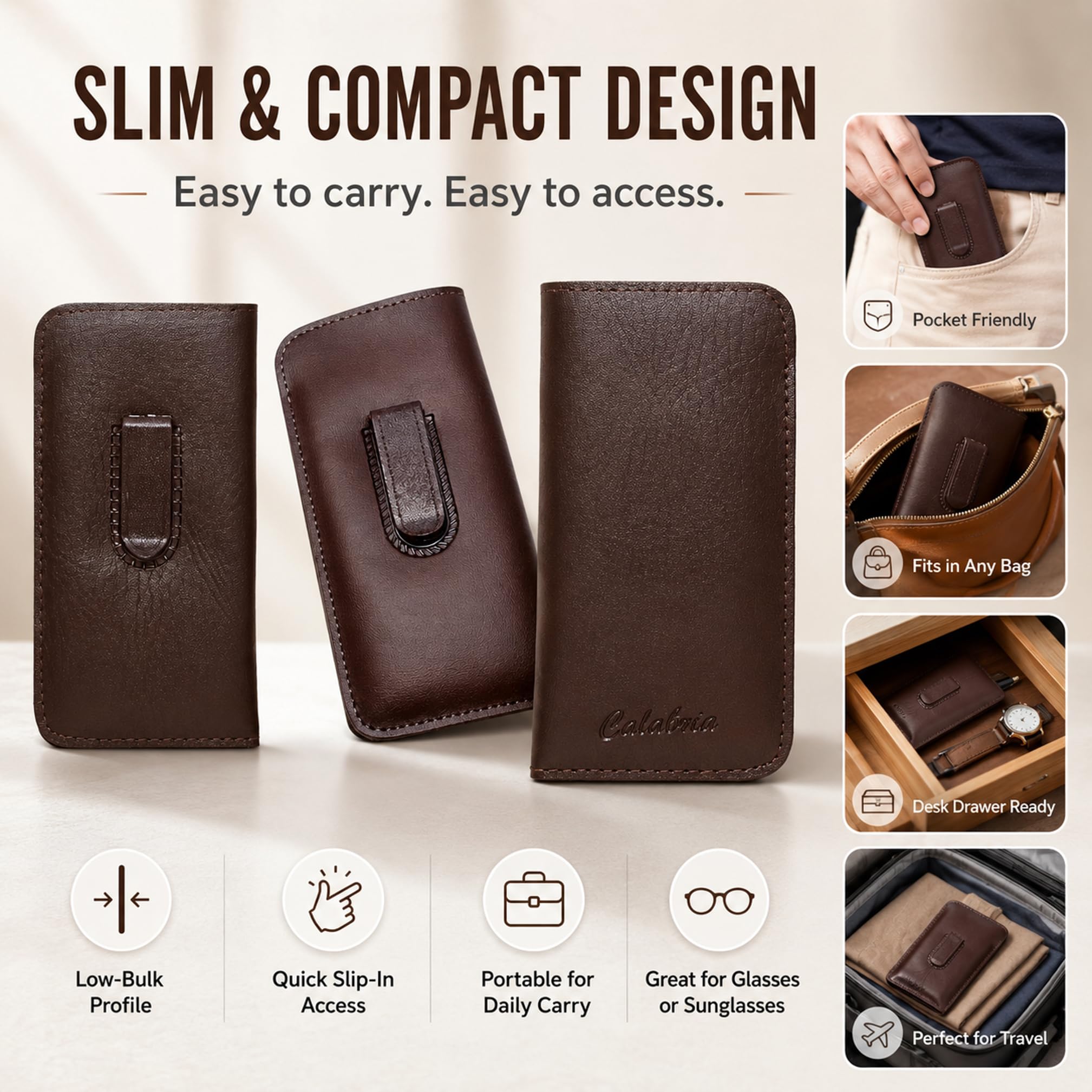 Calabria Soft PU Leather Felt Eye Glasses Case w/Plastic Pocket Clip Slim Eyeglass Pouch Slip-In Travel Sunglass Holder Bag