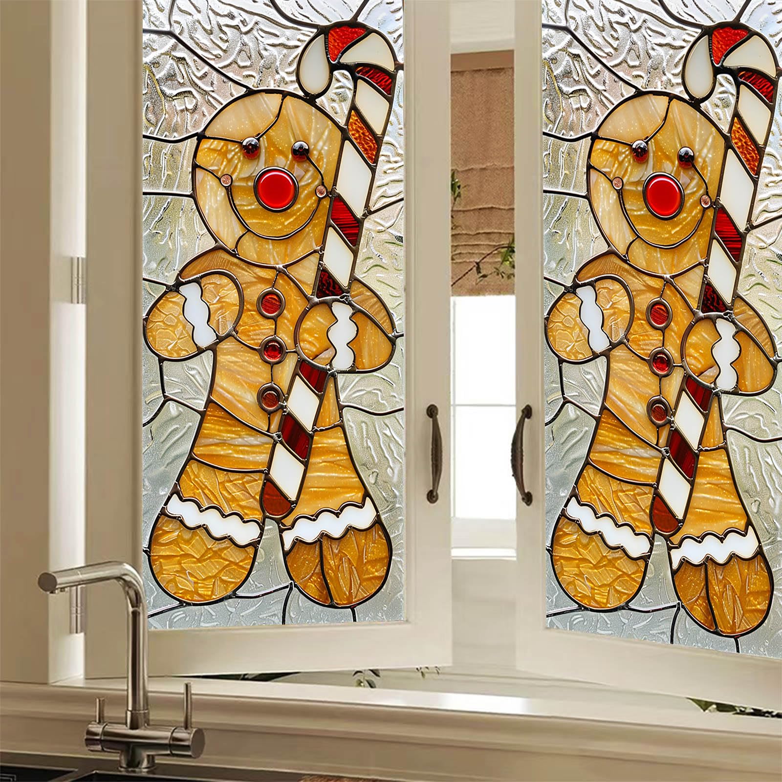 Hometitute Colorful#6 Christmas Gingerbread Man Window Film 17.7 X 39.3 Inch Candy Cane Stained Glass Static Cling Decorative Privacy Window Sticker For Holiday Festive Winter Home Decoration