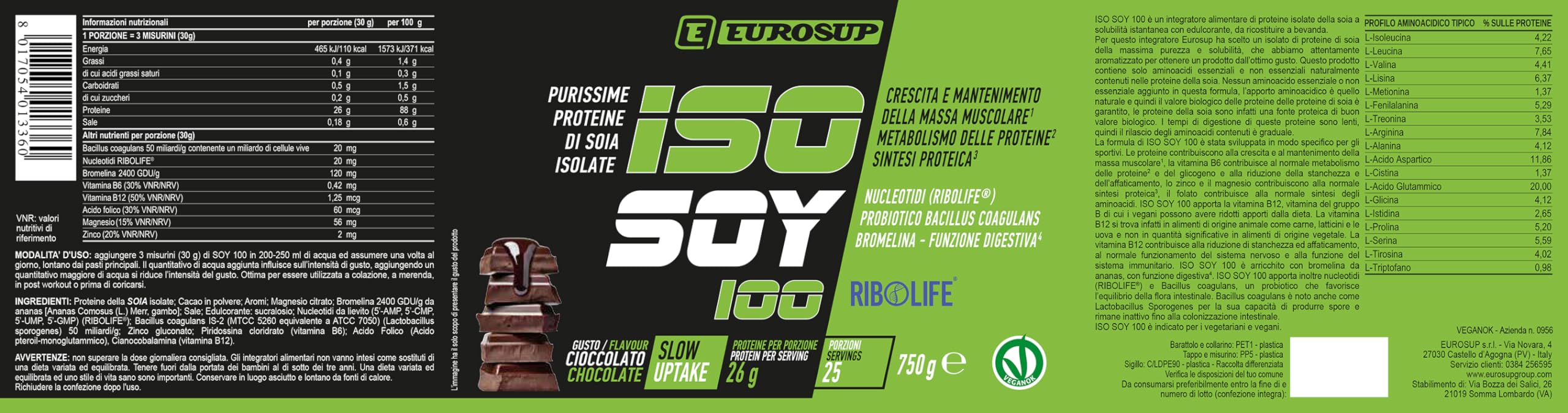 ISO SOY 100-750g - Cioccolato - Purissime proteine di soia isolate con Nucleotidi (RIBOLIFE®) e Probiotico Bacillus Coagulans