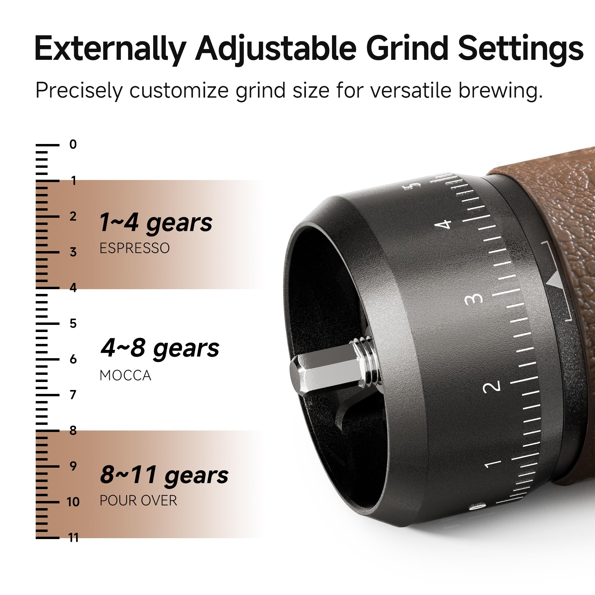 HiBREW G4B - Molinillo de café manual con esfera externa ajustable, molino cónico de aluminio, ajustes numéricos y funda de viaje, molienda gruesa a fina para espresso vertido sobre ollas Moka