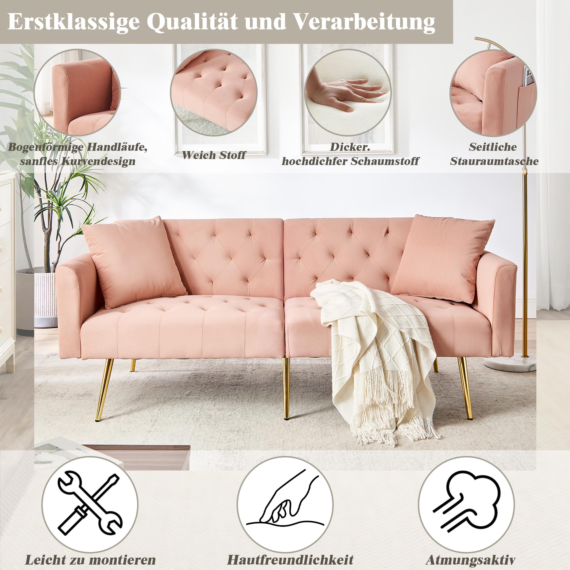 DRIXNO Schlafsofa mit Schlaffunktion, Klappsofa Sofa 3 Sitzer, 3-stufige Verstellbare Rückenlehne, 2 Beigelegte Kissen, Samtstoffe Zweiersofa, Für Wohnzimmer, Büro, Lounge, Schlafzimmer, Rosa