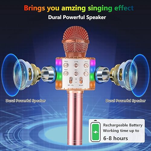 Miniatura 4 de Micrófono de karaoke para niños, inalámbrico Bluetooth portátil de mano, micrófono de karaoke para cantar, con luces LED, regalo para niñas, niños y