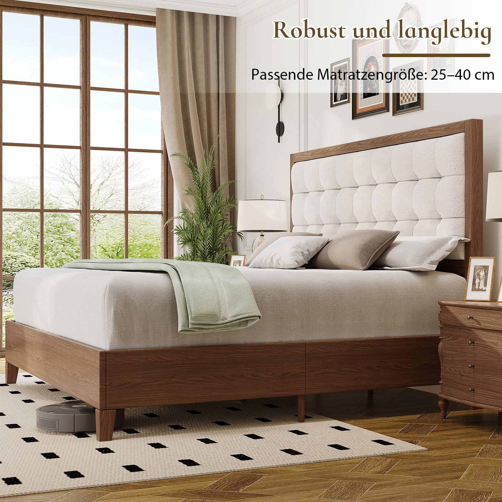 LUXOAK Massivholzbett 140x200 cm aus Kiefernholz mit 124 cm hohem gepolstertem Kopfteil, stabiles Holzbett mit Lattenrost, modernes Doppelbett im Walnuss-Look aus Leinenstoff, ohne Matratze