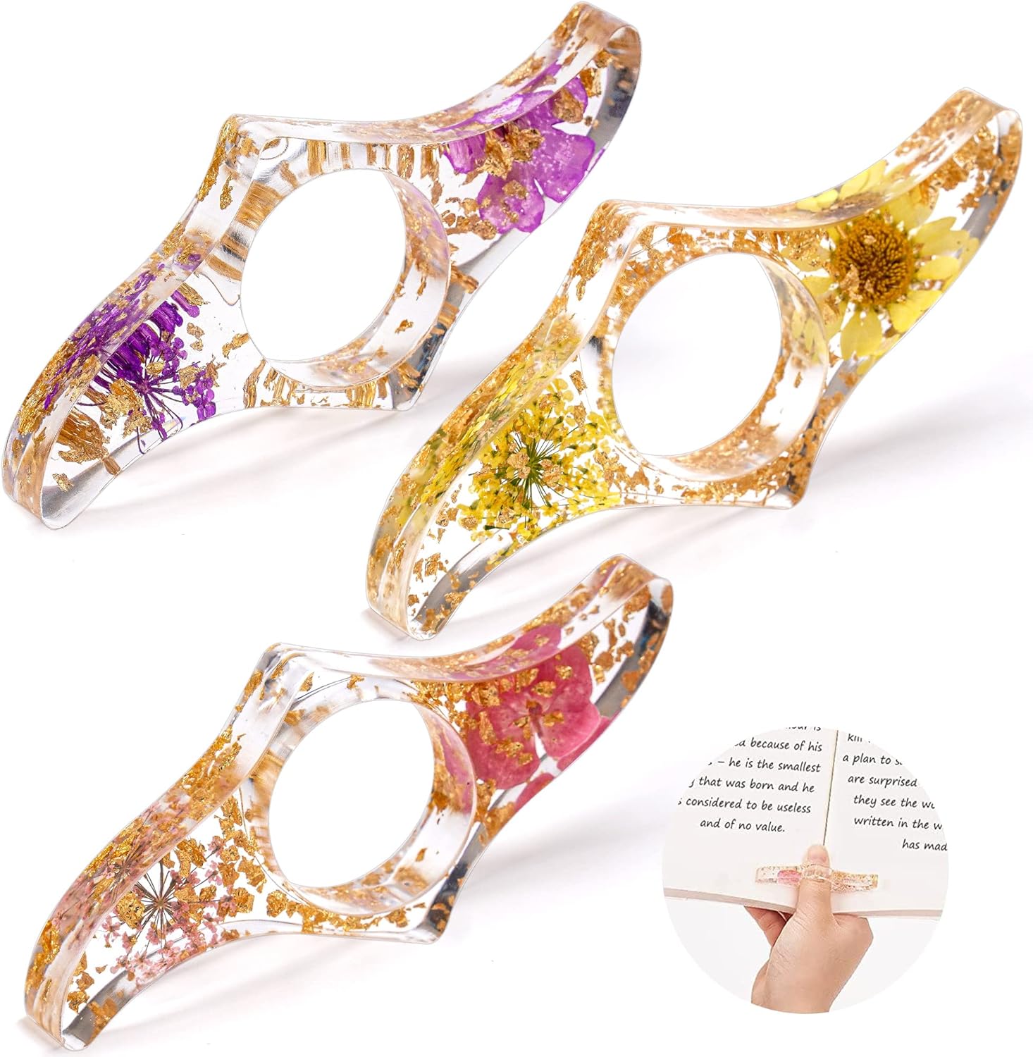 3 Pieces Book Page Holder-Dried Flower Resin Thumb Holder-Handmade Light Weight Opener Bookmarks Reading Accessories for Teachers Lovers