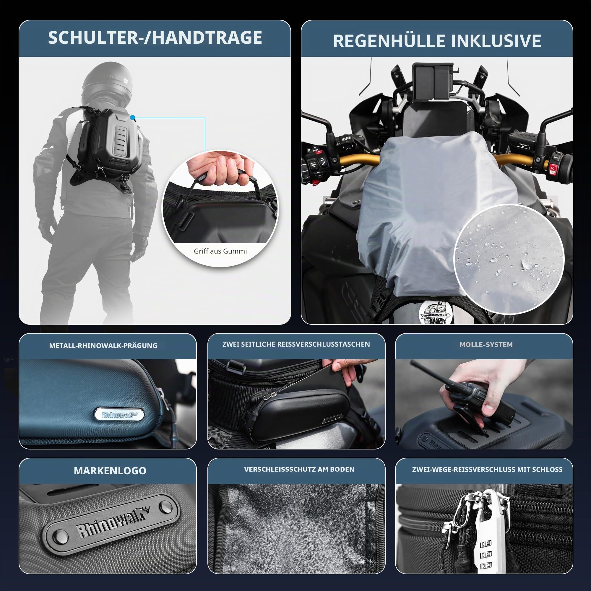 Rhinowalk Motorrad Tankrucksack Tanktasche Hartschale Wasserdicht Erweiterbar 15-18L Motorrad Sitz Aufbewahrungstasche Motorradtasche Gepäcktasche Rucksack