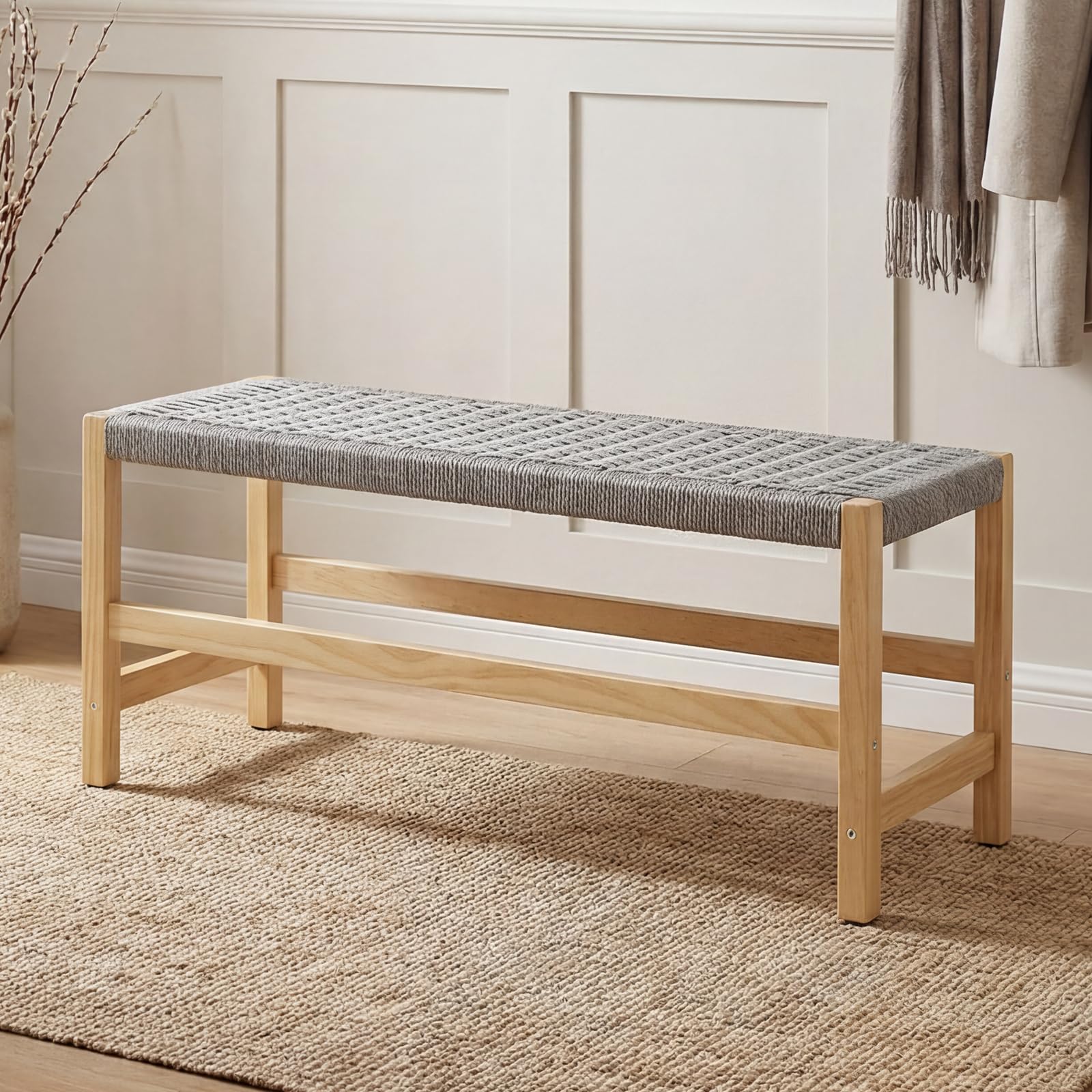 chairus Panca Ingresso in Legno Panca Camera da Letto Panchina Sala da Pranzo con Seduta Intrecciata Panchina per Soggiorno 32 x 90 x 42 cm, Grigio