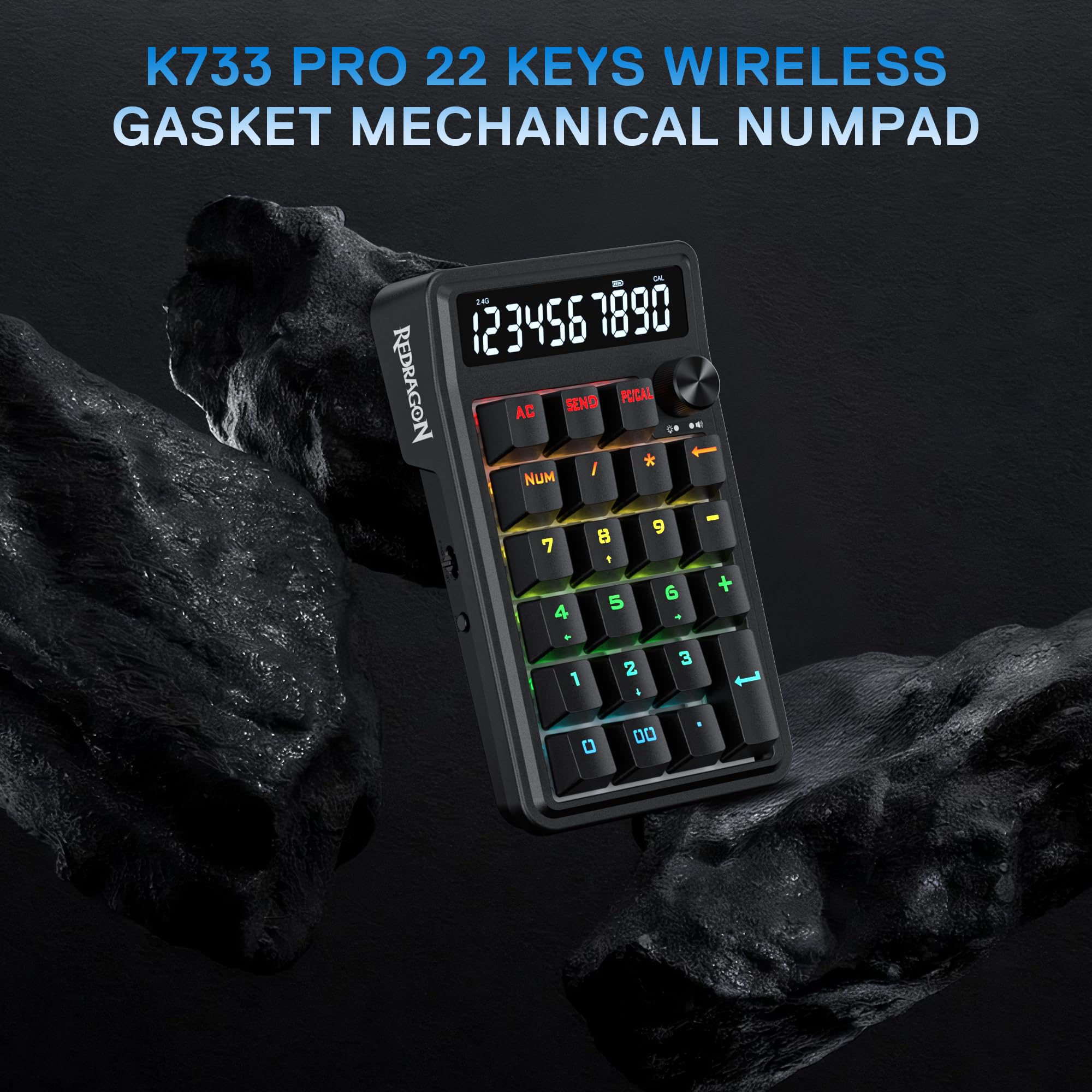Redragon K733 PRO - Cuscinetto numerico RGB con guarnizione wireless, tastierino numerico meccanico a 22 tasti w/PC e modalità di calcolo, display calcolatrice a 10 cifre, controllo manopola