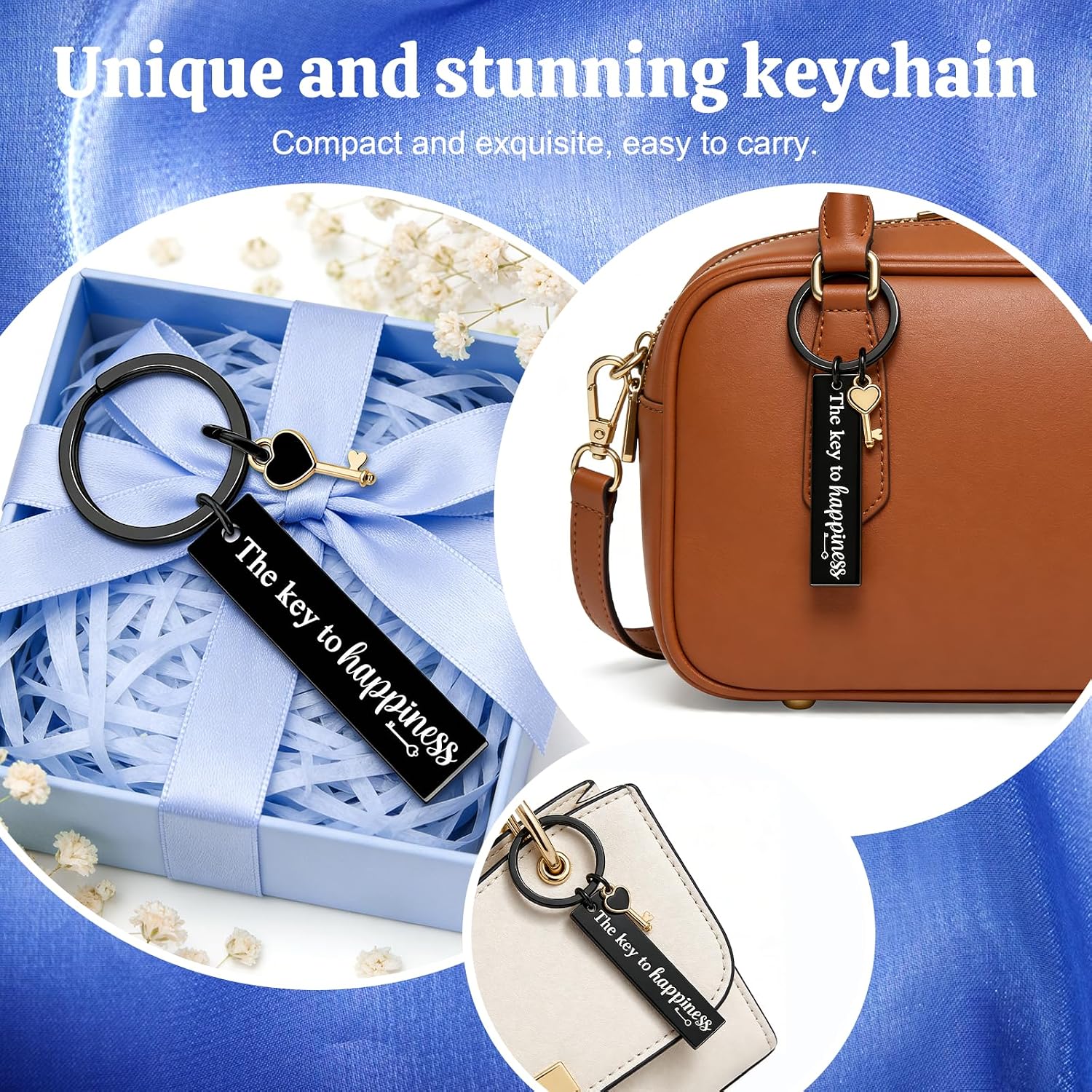 Funny Keychain The Key To Happiness Motorcycle Keychain Inspirational Gifts for Women Men Car Key Chain Bag Charm Fathers Day Birthday Gifts For Husband Boyfriend Him Her