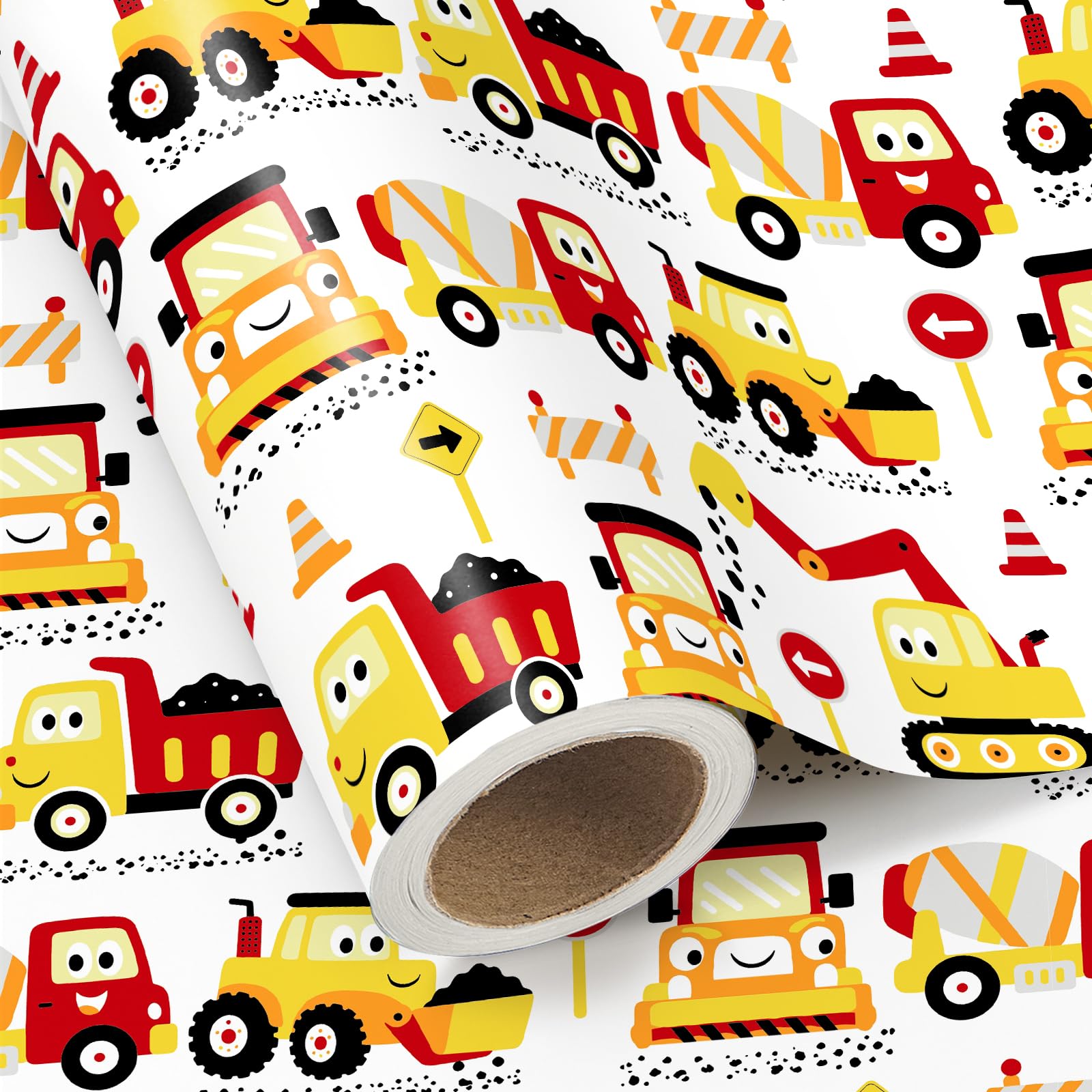 WRAPAHOLIC Jumbo Rouleau de papier cadeau de construction – 76,2 cm x 10 m – Motif tracteur pelleteuse, camion pour anniversaire de garçon, fête prénatale