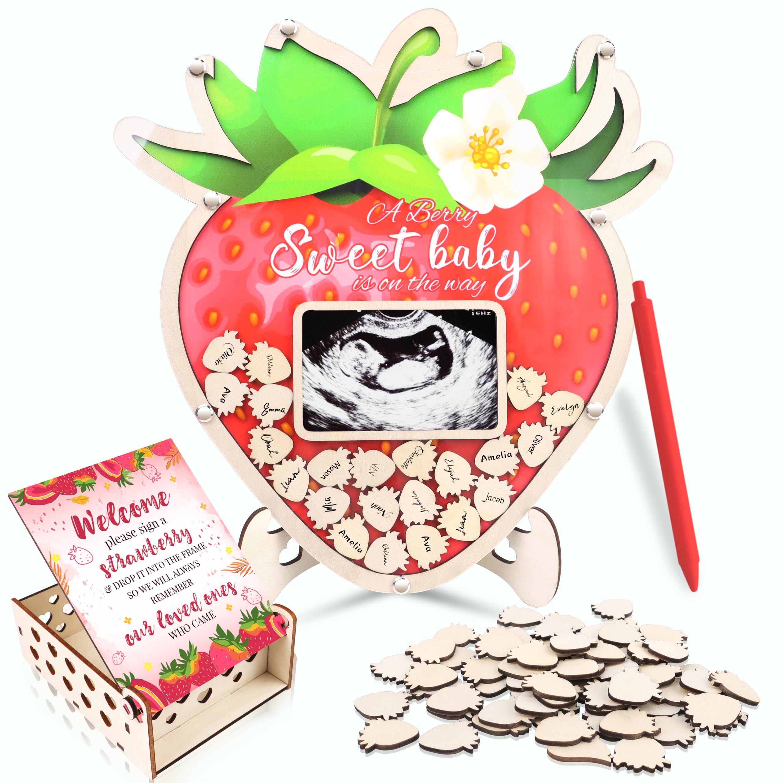 Baby Shower Guest Book Alternatives Strawberry - 63 Pcs Berry Sweet Baby Shower Decorations Guest Book - Strawberry Gender Reveal Decorations with Pen, 60 Wood Slices, Sonogram Photo Frame Keepsake for 60 Guests