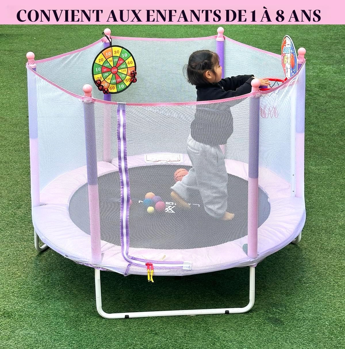 PILIN Trampoline pour Enfant avec Panier de Basket, 150 cm, lit de Saut d'intérieur et d'extérieur avec Ressorts, Filet de sécurité surélevé - Jouet d'anniversaire pour garçons et Filles - Cadeau de