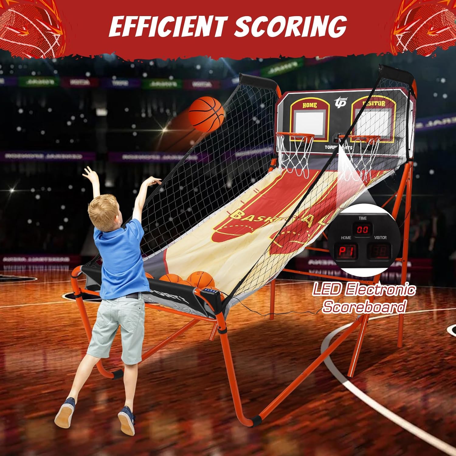 Generic Foldable Indoor Basketball Arcade Game LED Electronic Scoring Commercial Grade Arcade Basketball with 5 Size 7 Inch Balls for 2 Players Home Play Adults