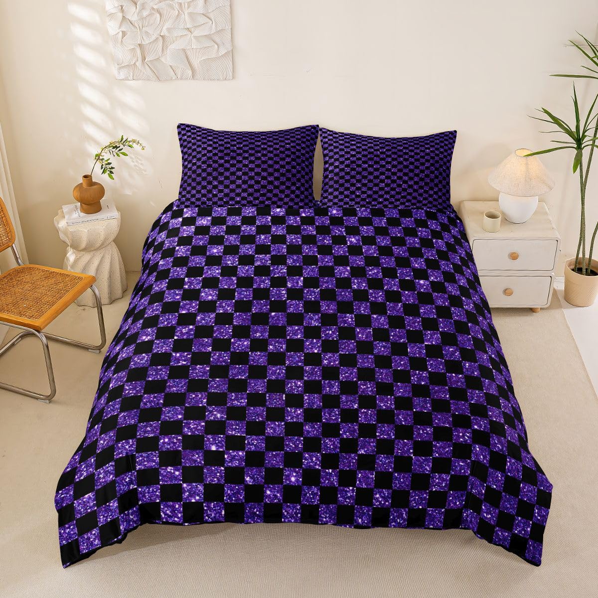 Homemissing Plaid Glitter Print Duvet Cover Set Double Size Purple Black Grid Bedding Set for Boys Girls Checkered Classic Duvet Cover Bedroom Decor 3Pcs
