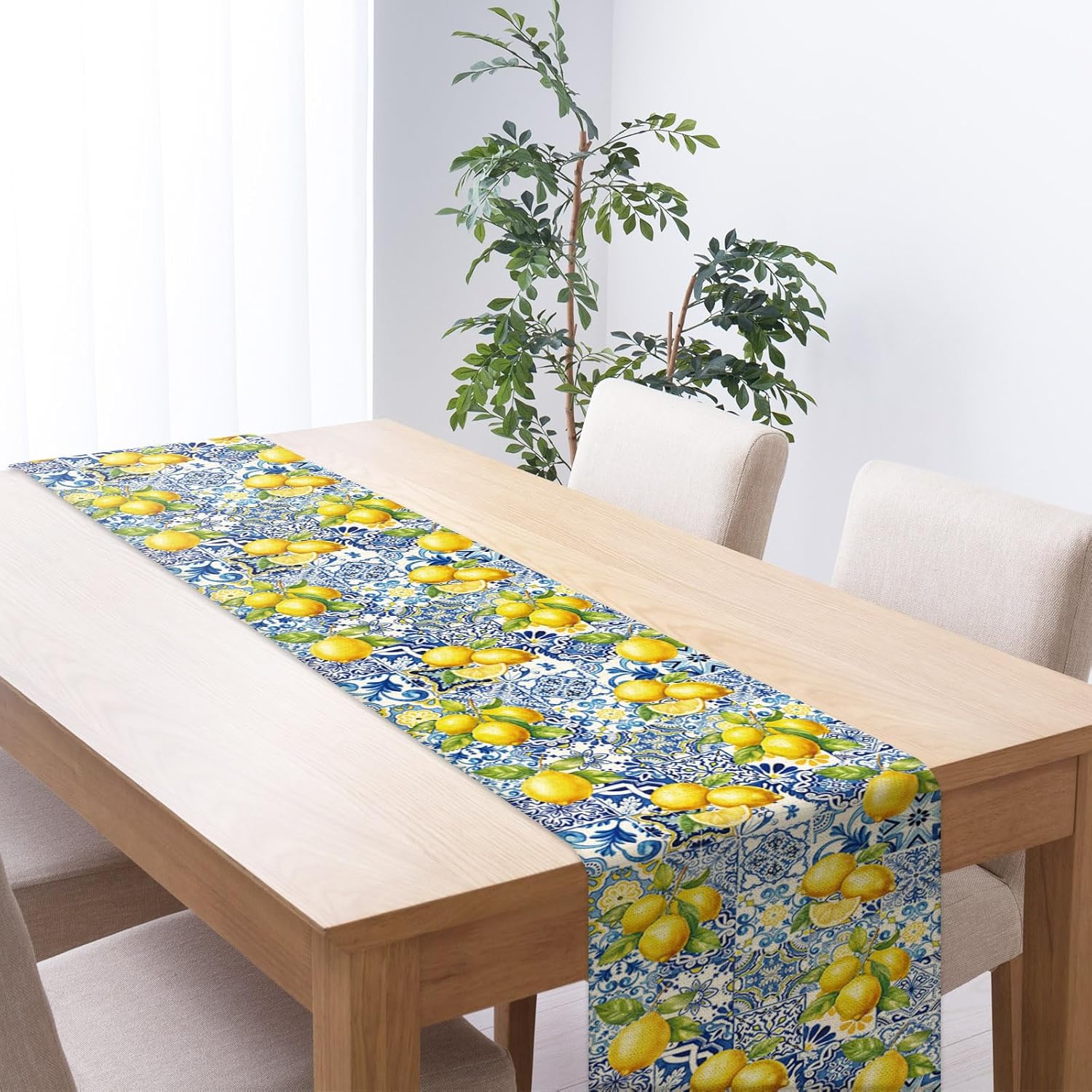 JarThenaAMCS Lemon Tiles Table Runner Blue Yellow Kitchen Dining Table Decoration Summer Table Cover for Home Kitchen Indoor Outdoor Patio Party Supplies, 13 x 72 Inch (Pack of 2)