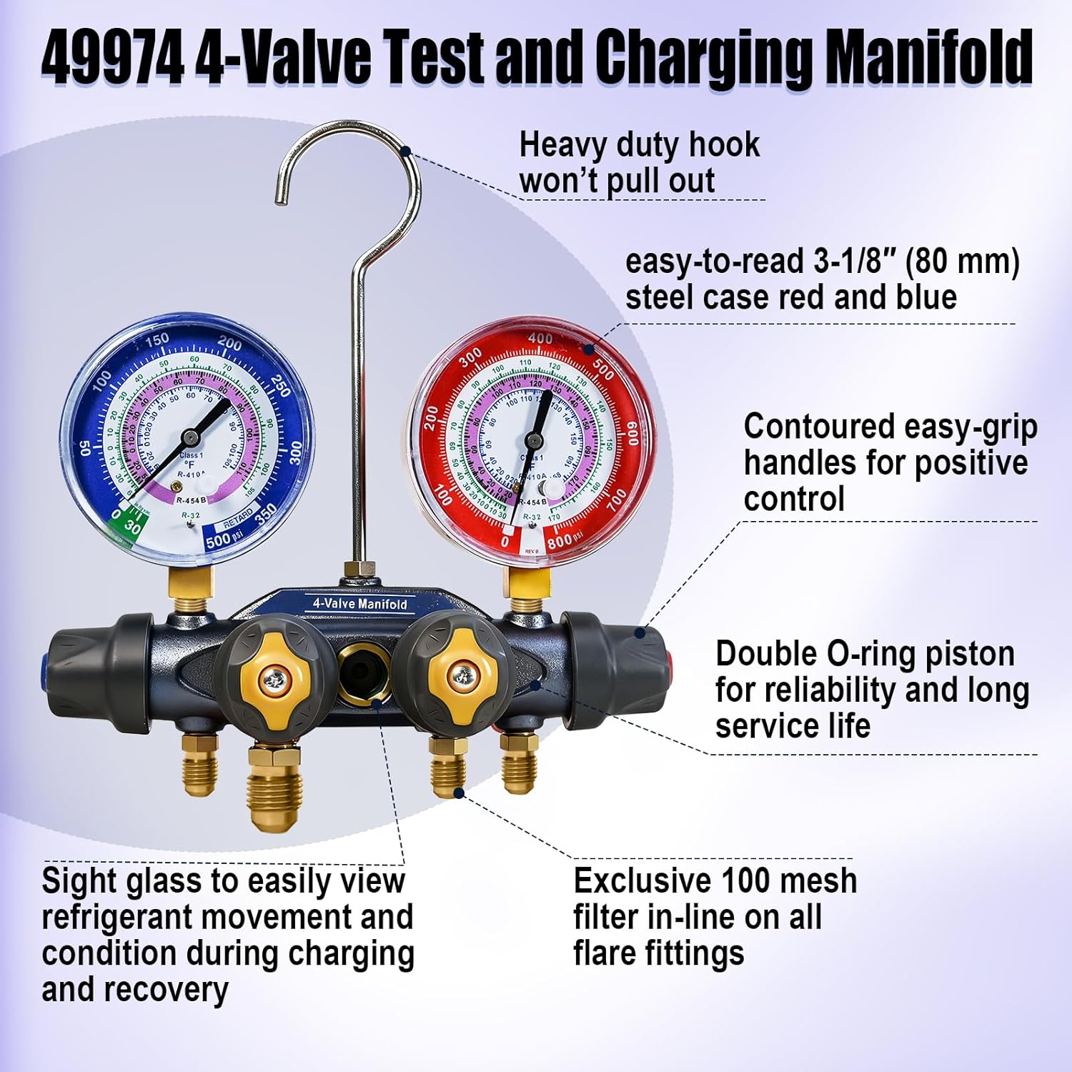 49974 A2L 4-Valve Test and Charging Manifold Only, 3-1/8" (80mm) Gauges, for R-32/454B/410A, HVAC Manifold Gauge, A/C Manifold Gauge (No Hoses)