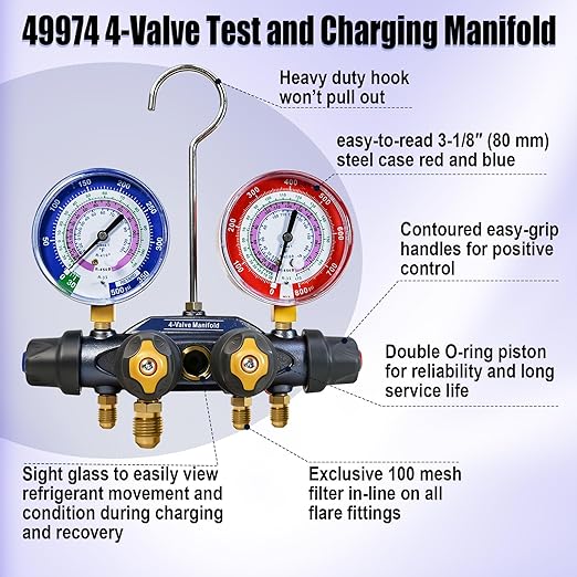 Manifold de prueba y carga 4 válvulas 49974 80mm para R-32/454B/410A miniatura 5