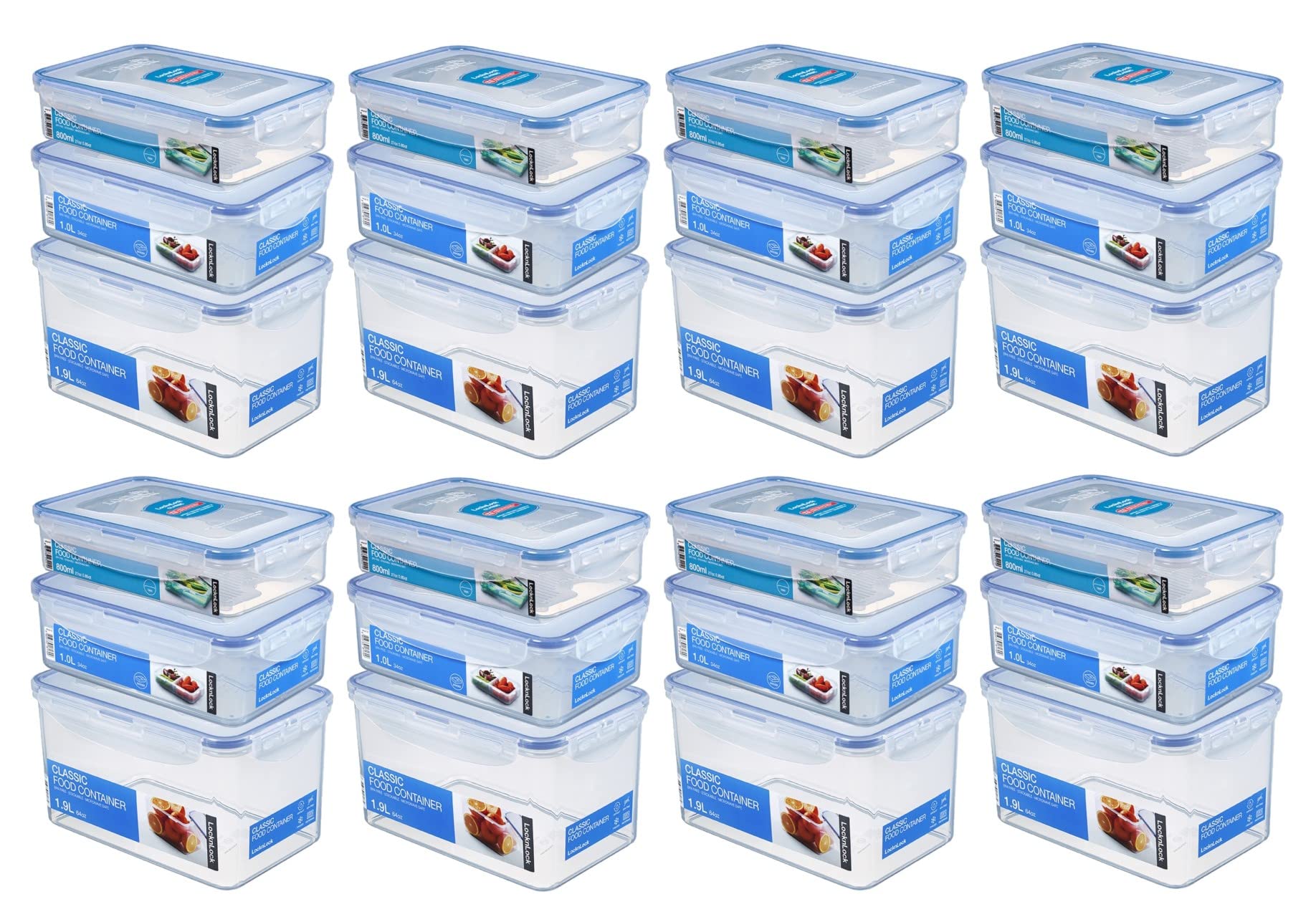 Lock&Lock - Juego de recipientes herméticos (24 Unidades, 8 HPL818 1,9 L, 8 HPL817T 1 L, 8 HPL816T 0,8 L, apilables 205 x 134 mm) y espátula de Madera de Olivo SeleXions