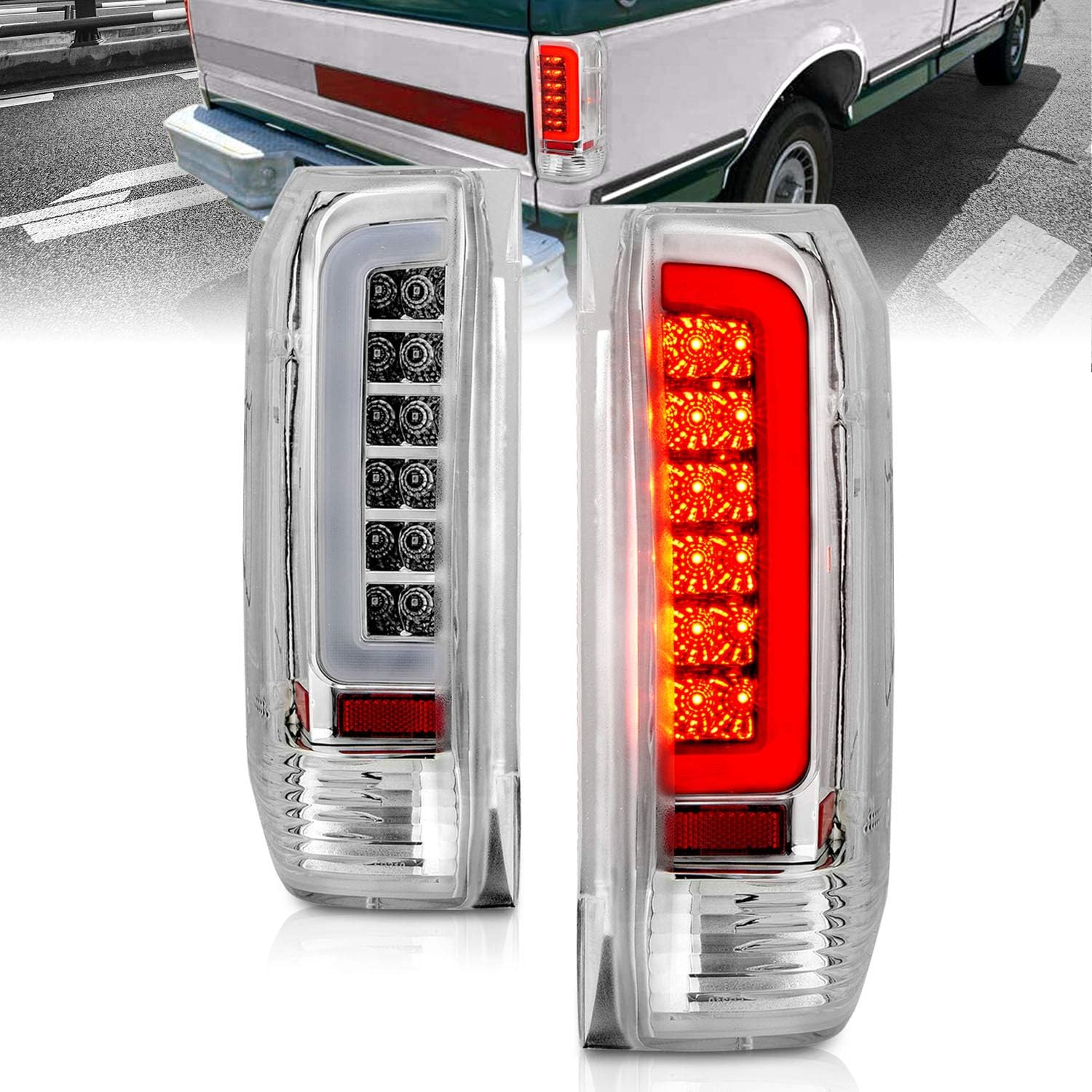 AmeriLite for 1989-1996 Ford F150 Bronco F250 F350 Truck 3D C-Type LED Tube Bar Clear Replacement Tail Light Set - Passenger and Driver Side