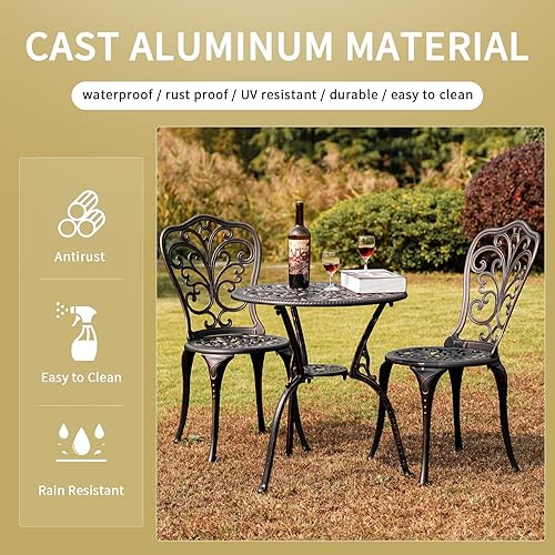 Miniatura 7 de Juego de mesa y sillas de patio para exteriores de 3 piezas, para todo tipo de clima, juegos de bistró de aluminio fundido con agujero para