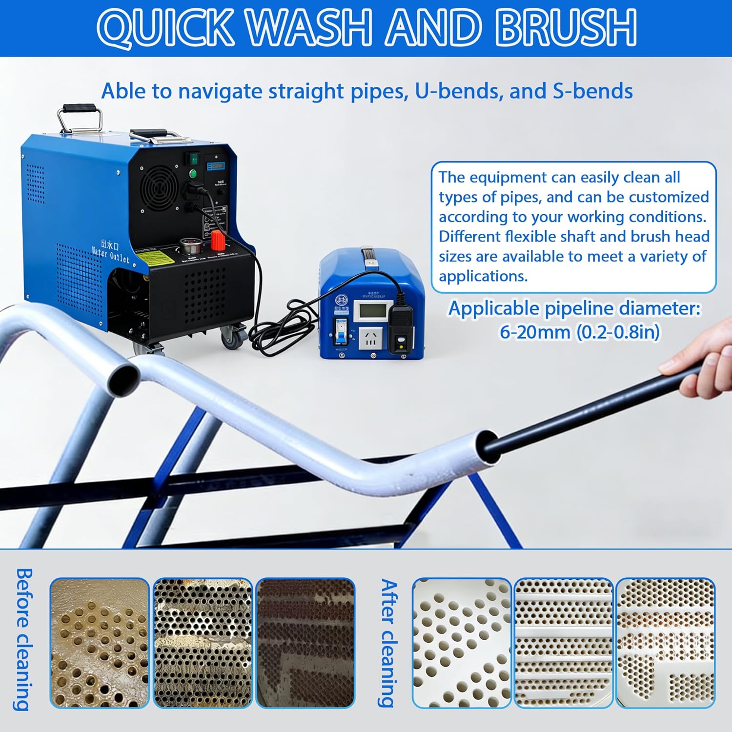 Condenser Pipeline Cleaning Machine 220V/110V, HVAC Tube Cleaner with 24.9ft Flexible Shaft 0.2-0.8in Pipe Dia, Dry-Wet Separation Design Physical Descaling Tool for Heat Exchangers Chillers