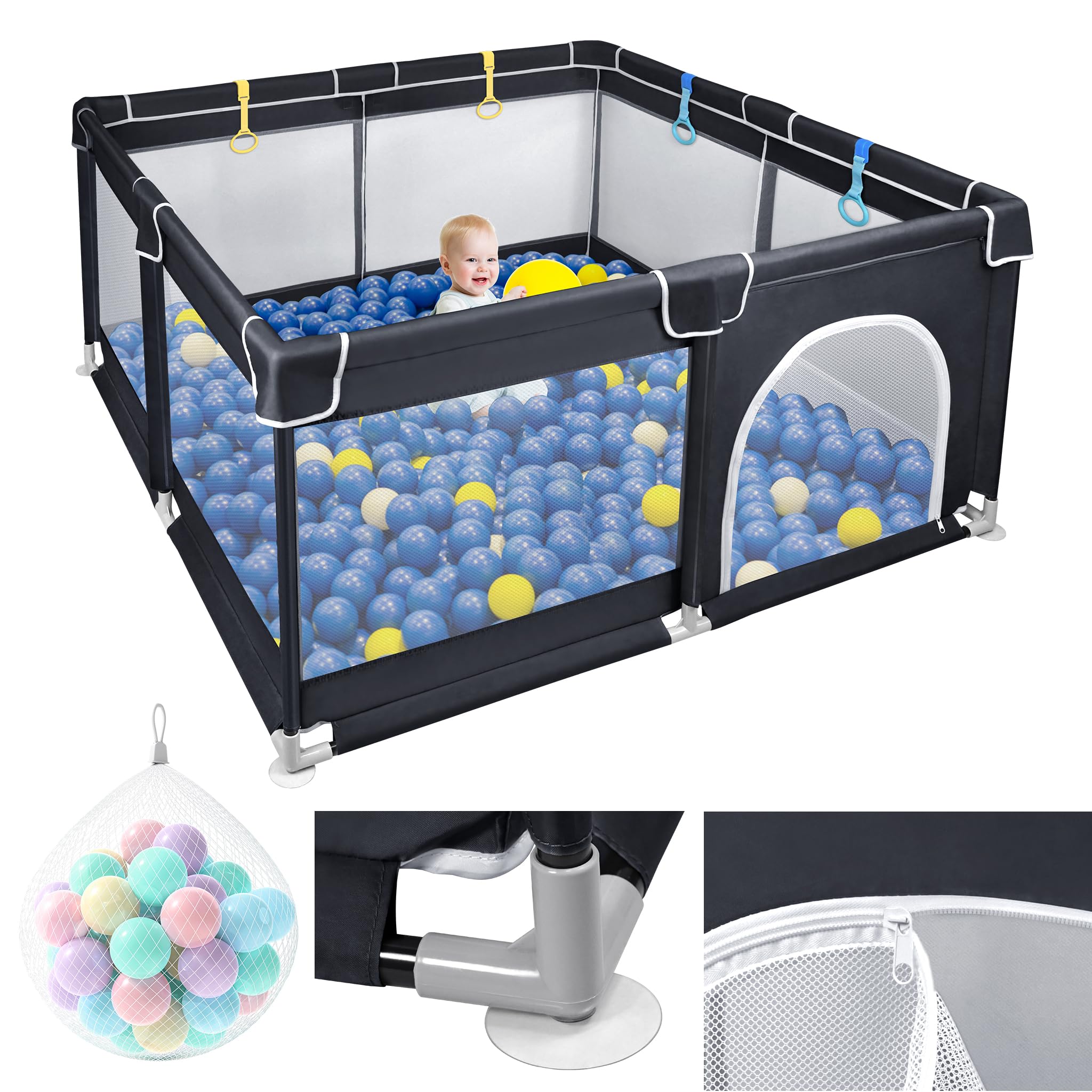 Aufun Laufstall Baby Laufgitter 300D Oxford Gewebe, mit Anti-Kollision Schaum Absperrgitter, Atmungsaktivem Netz, Reißverschluss (Schwarz, 127x127x68cm)