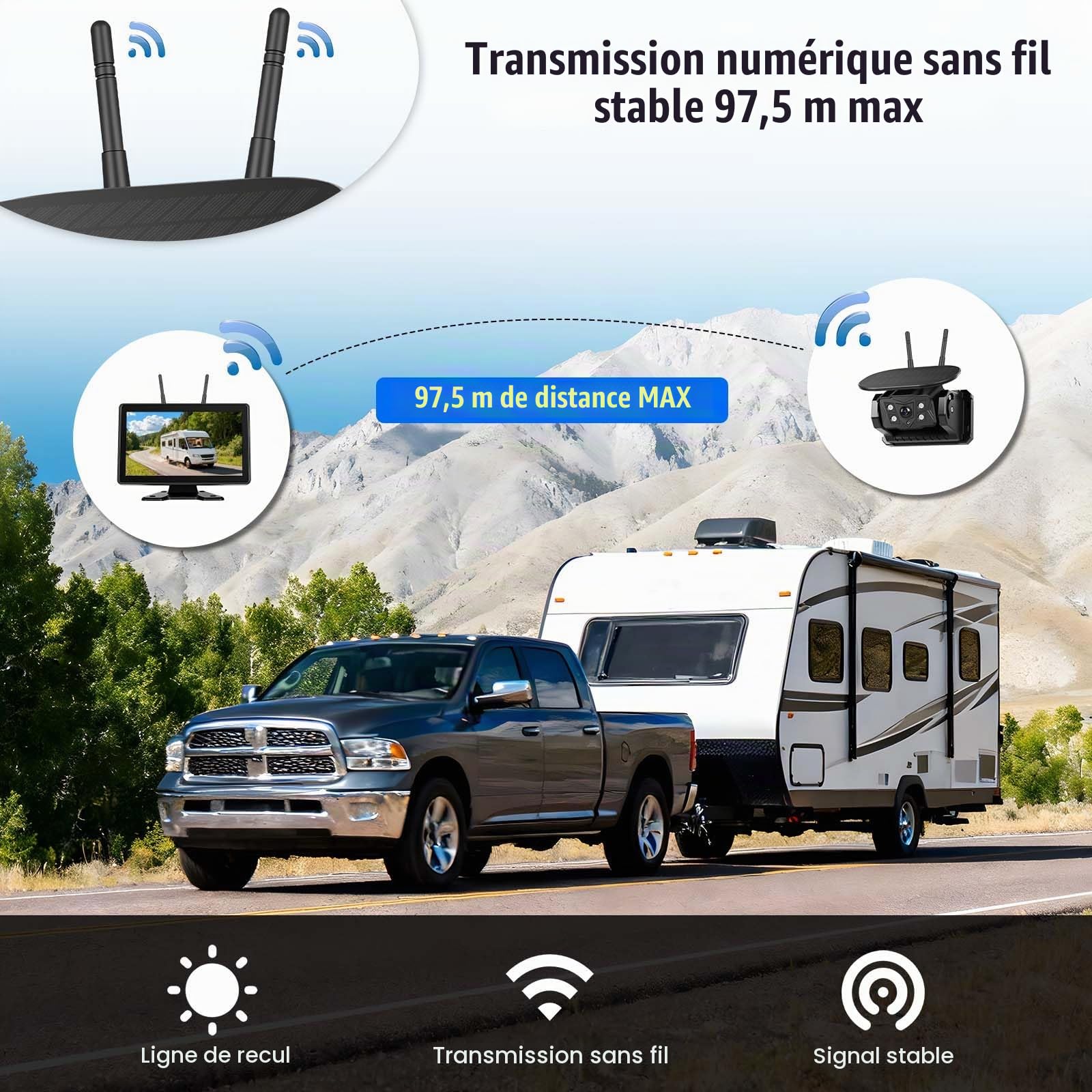 CAMECHO Solaire Caméra de recul sans Fil avec 10 Pouces Écran Tactile, 10000 mAh Caméra Magnétique 720P IP68 Étanche Vision Nocturne 320ft Max pour Voiture 12-36V, Caravane, Camping-Car, SUV