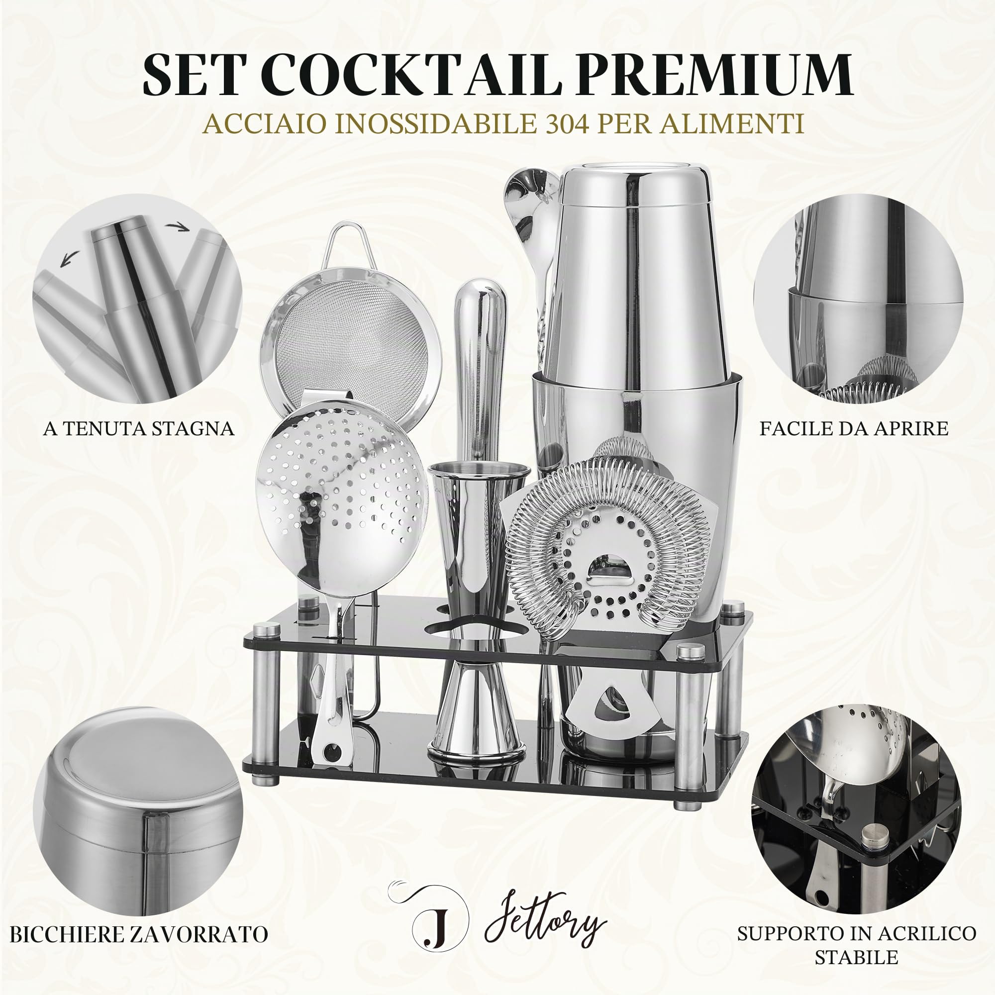 Boston Shaker Set da 10 Pezzi in Acciaio Inox Con Base Acrilica - Colino, Pinza per Ghiaccio, Cucchiaio, Misurino, Pestello - Perfetto per il Bar di Casa (Argento)