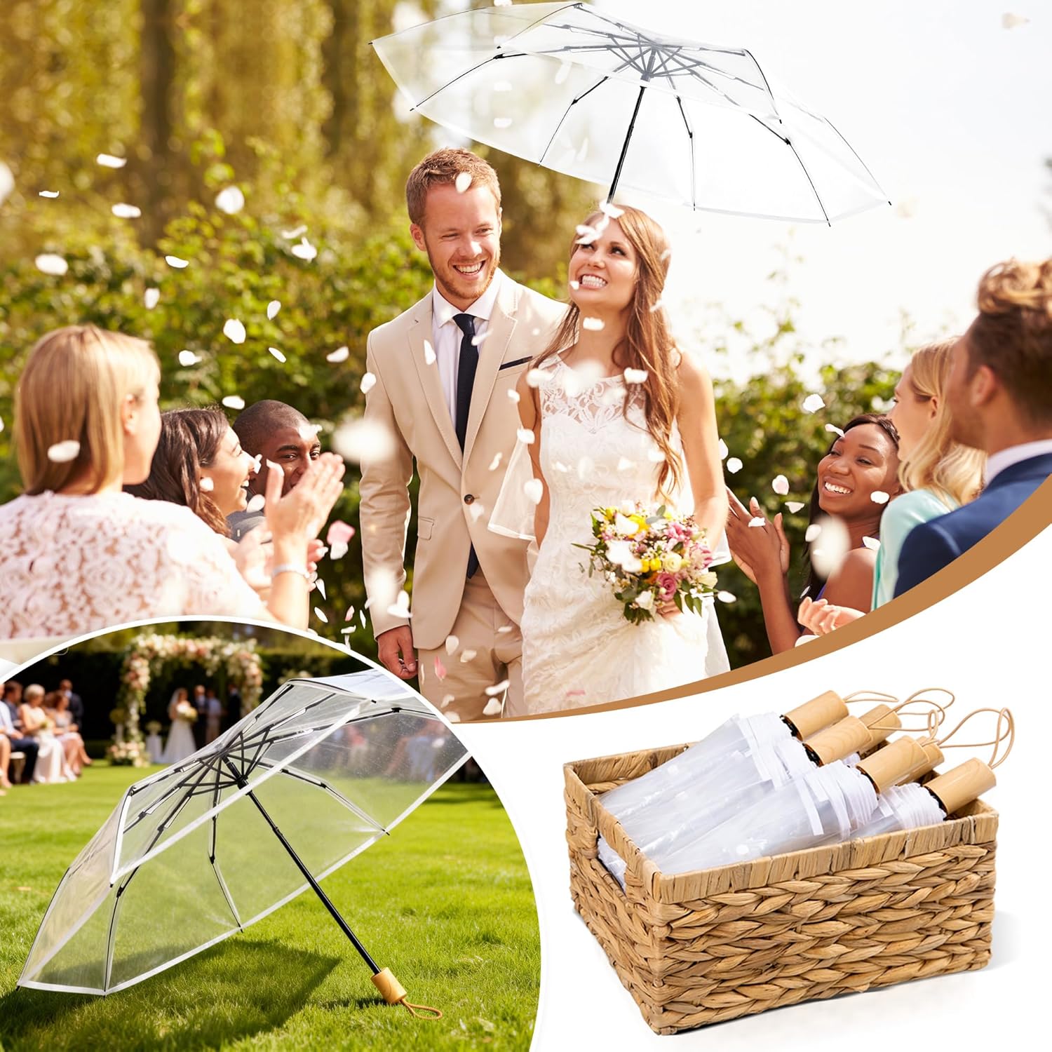 12 Pack Clear Umbrella for Wedding with Storage Box, Foldable Large Transparent Umbrella Bulk for Rain Wedding Bridal Party Supplies