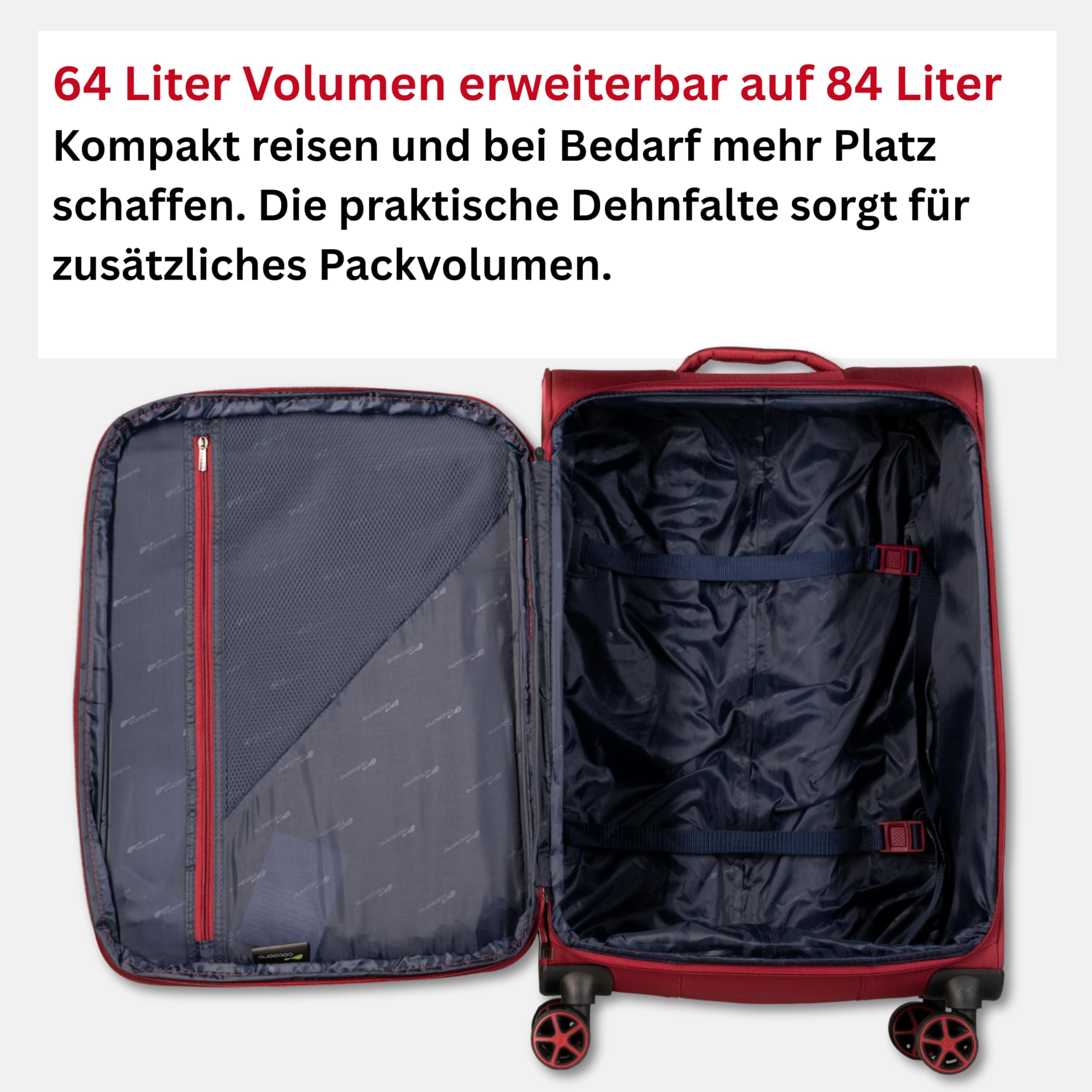 Cocoono Koffer Weichschale 64L bis 84L mit Dehnfalte – Stoffkoffer mit 4 Rollen – Reisekoffer Stoff TSA Schloss – Leichter Stoff Weichgepäck – Weichschale 4 Rollen (rot, L)