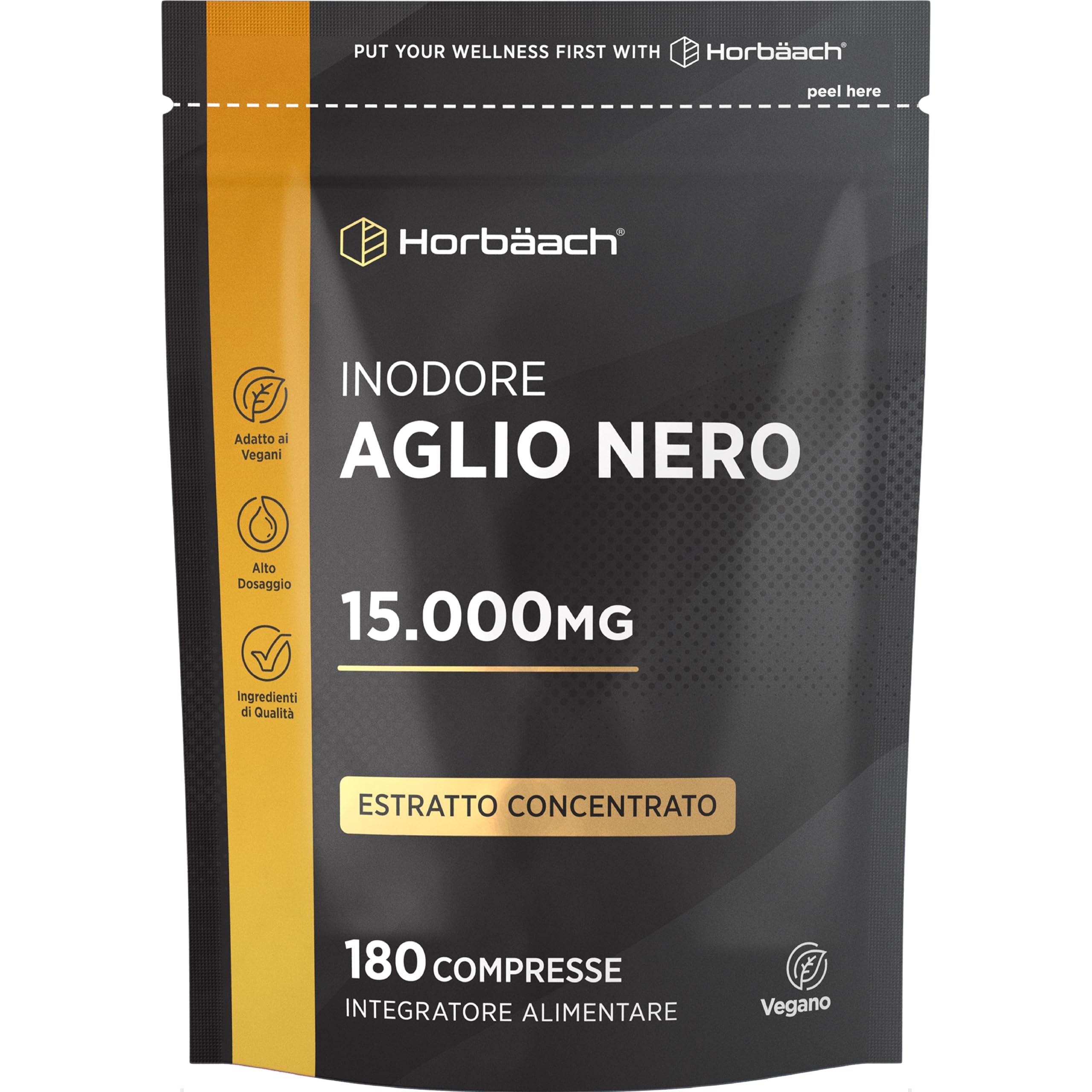 Aglio Nero Fermentato 15000mg | 180 Compresse Vegane | Integratore Inodore e Senza Gusto | Horbaach