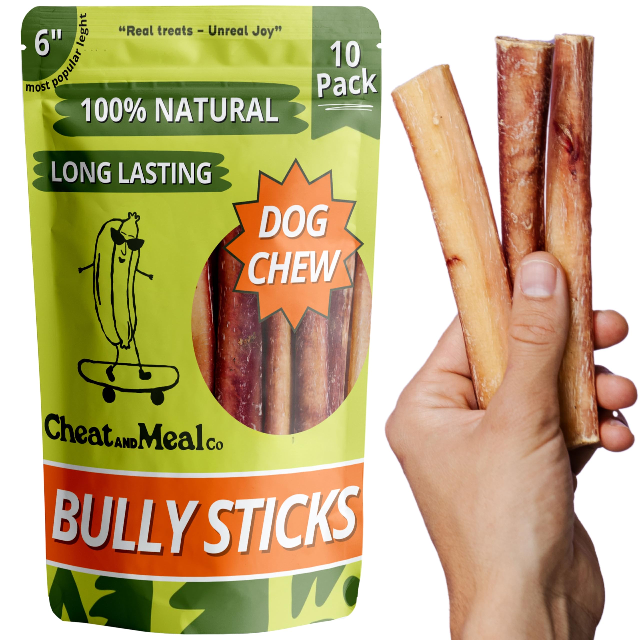 Cheat and Meal Co Bully Sticks for Dogs, (6 Inch, 10 Count), Dog Chew Toy for Aggresive Chewer, Long-Lasting, 100% Grass-Fed Beef Pizzle - Ideal for