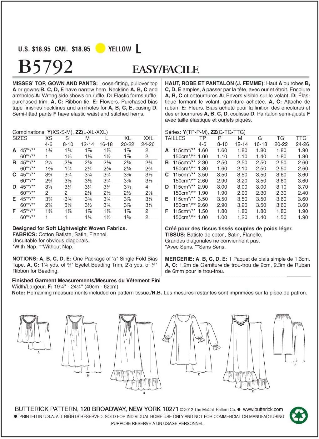 Butterick Patterns B5792 Misses' Top Sewing Pattern, Gown and Pants, Size Y (XSM-SML-MED)