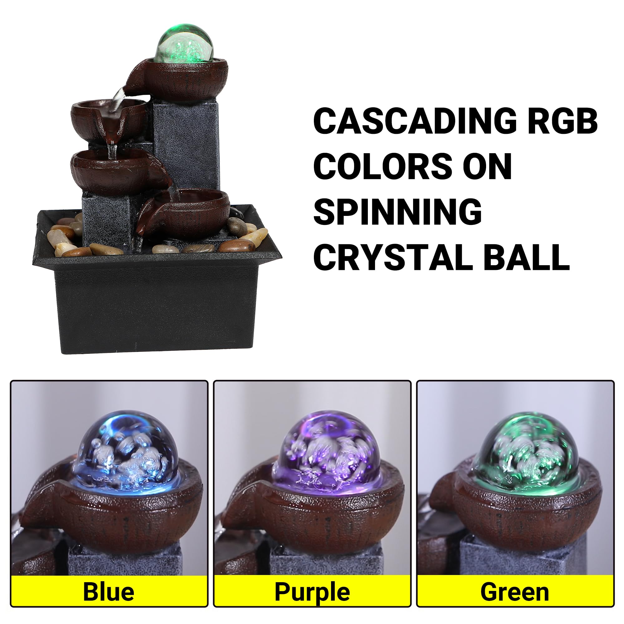 Water Fountains Indoor-Waterfall-Tabletop Fountain-Desk Fountain with Rainbow Colors LED Lighting from Spinning Crystal Ball-Relaxing Waterfall n River Rocks for Natural Feng Shui Effect