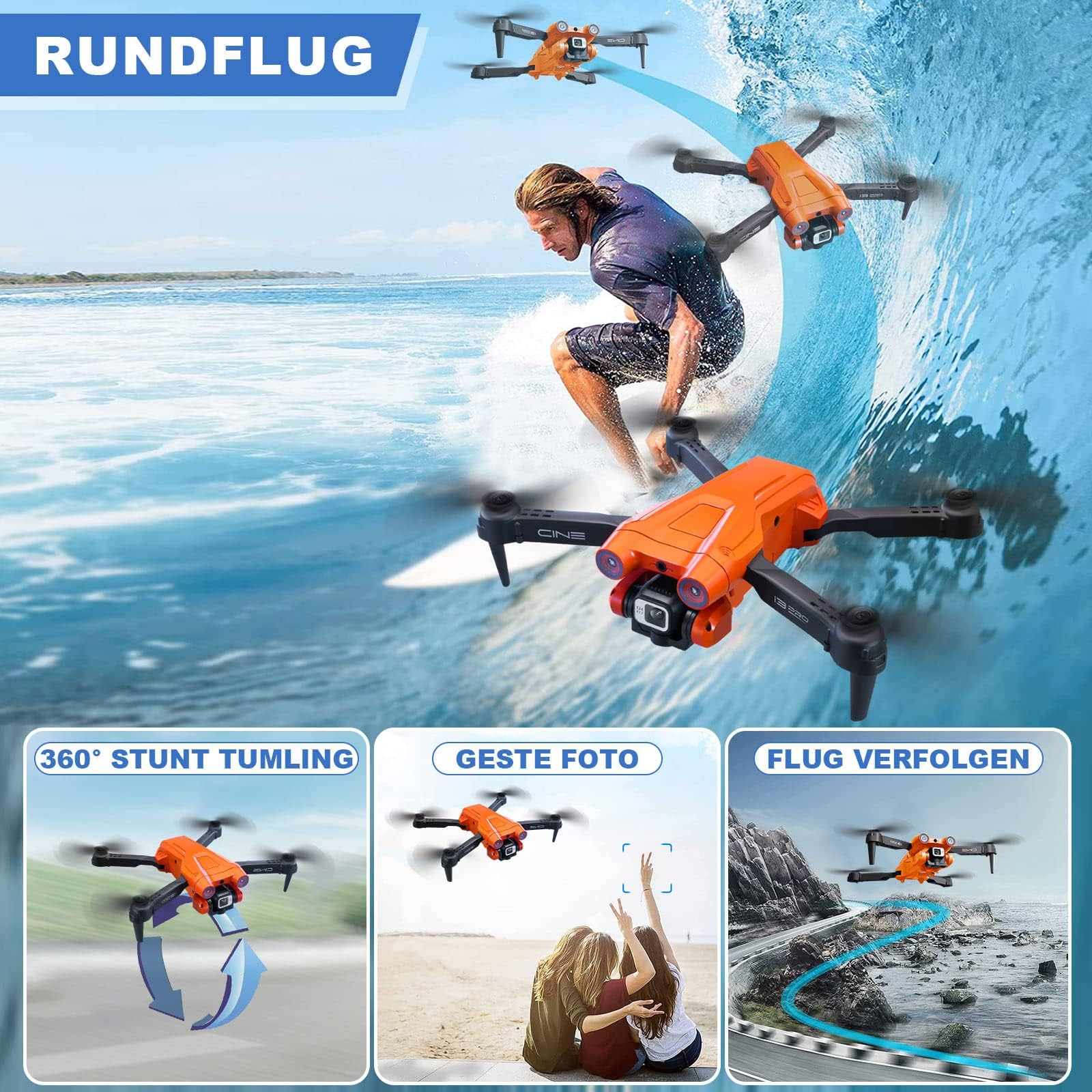 MINGPINHUIUS RC Drone con doppia fotocamera 4K HD, 1080P RC quadricottero con 2 batterie, evitare ostacoli modalità headless, controllo gesti principianti (arancione)