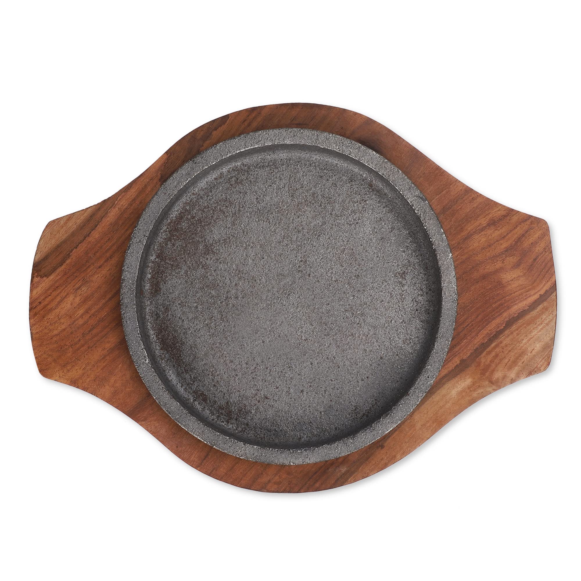 Cast Iron Sizzler Plate with Wooden Base – 5 inch Plate, 8 x 6 inch Base, Heavy-Duty & Reusable (Round Shape)