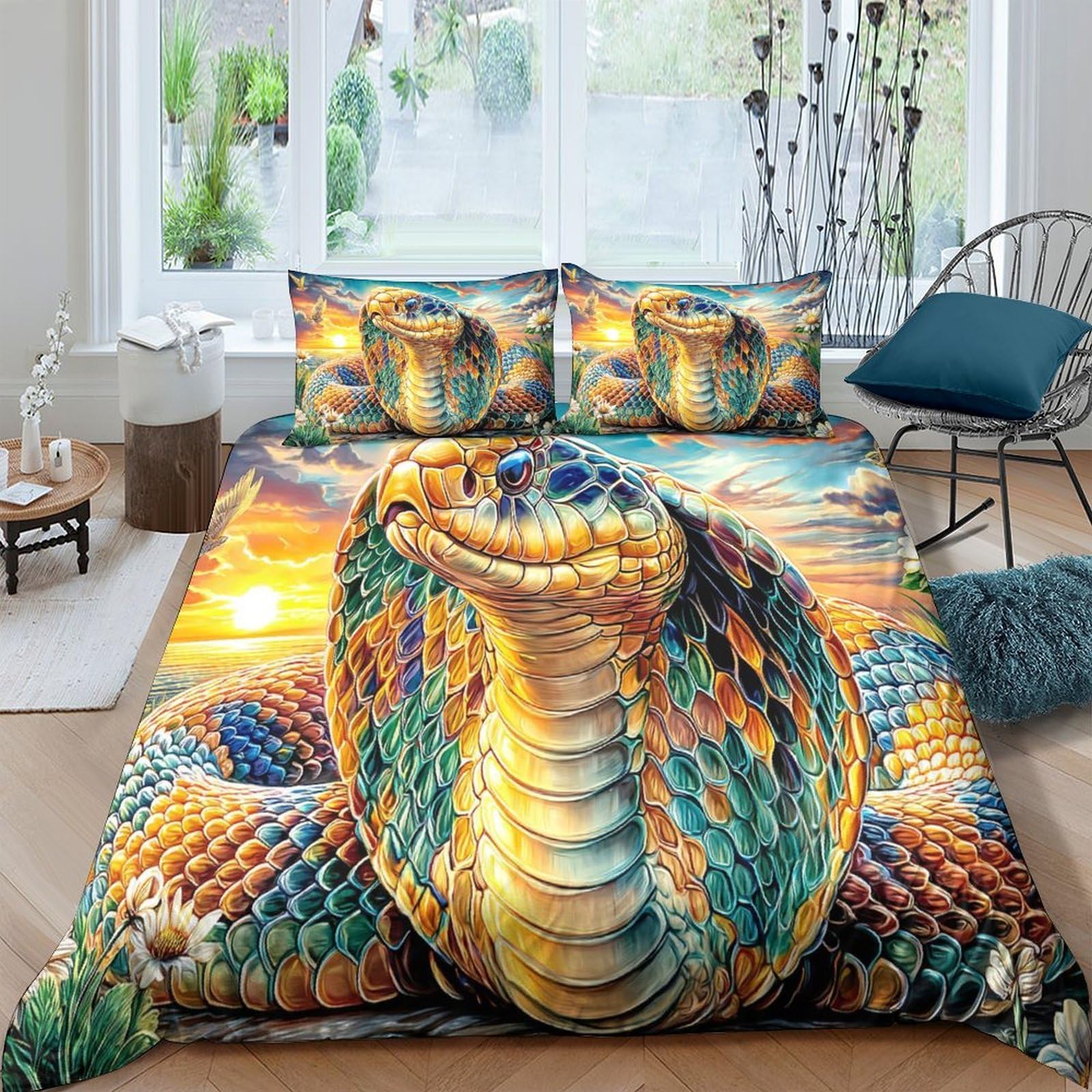 Parure de lit serpent pour une chambre moderne, ensemble housse 260x220 et 2 taies d'oreiller