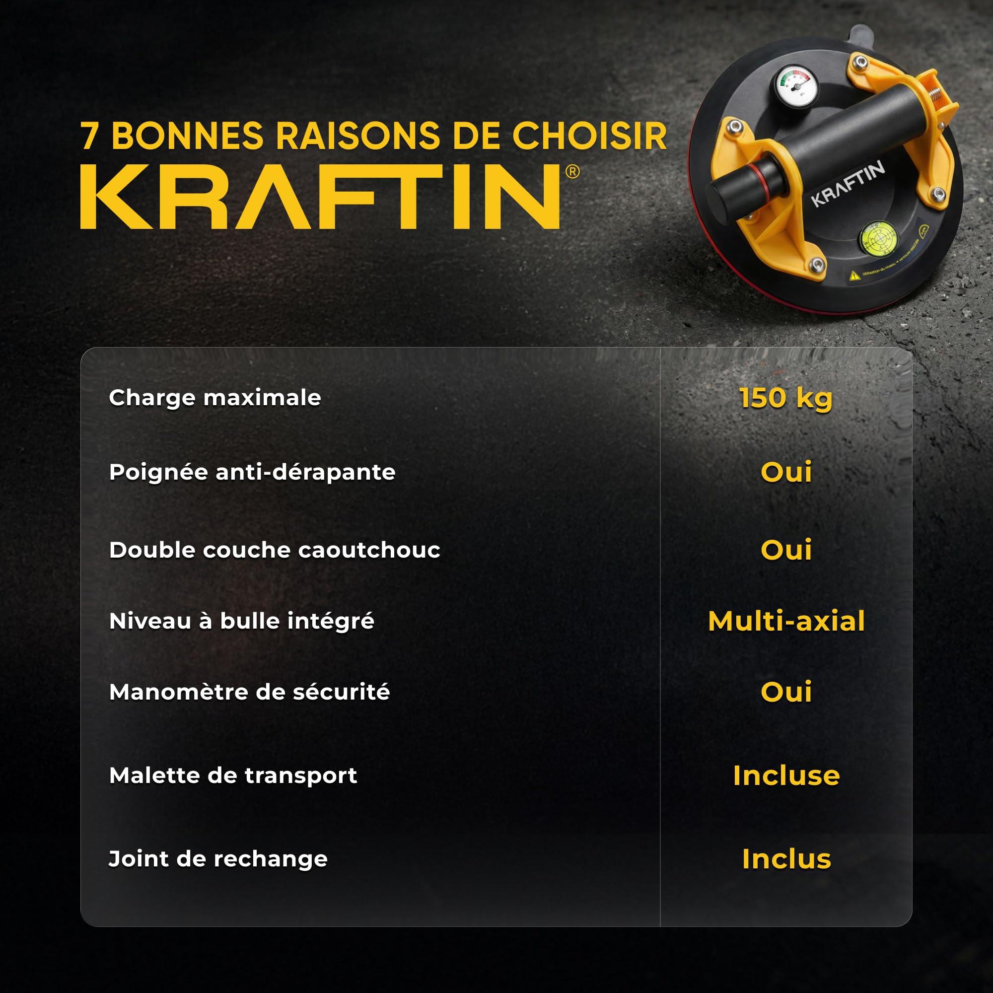 Ventouse Carrelage à Pompe Ø20 cm – Poignée avec Grip Caoutchouc Anti-Glisse, Niveau à Bulle et Manomètre – Haute Adhérence 150 kg pour Carreaux Grand Format, Cérame, Marbre, Verre et Granit