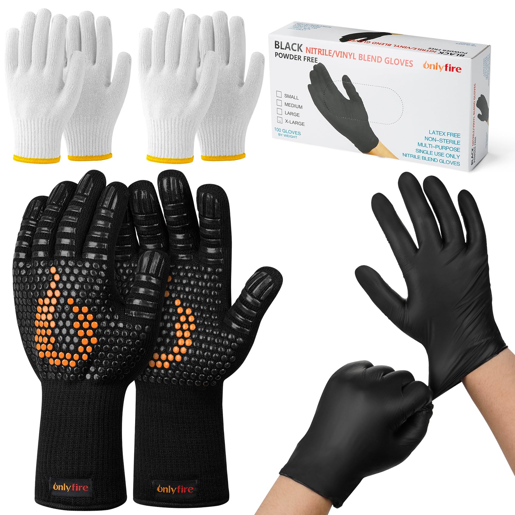Onlyfire Set of 1 Pair Heat Resistant BBQ Gloves, 2 Pairs Nylon Gloves and 100 Pcs Nitrile Mitts, Latex Free Food Grade Kit for Meat Handling, Grilling and Cooking