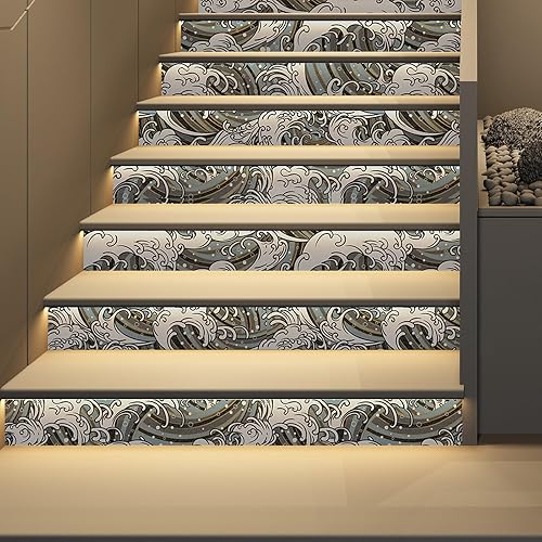 Miniatura 7 de AROMMO Papel tapiz autoadhesivo con ondas azules y blancas vintage, papel tapiz autoadhesivo prepegado, papel tapiz autoadhesivo para despegar y